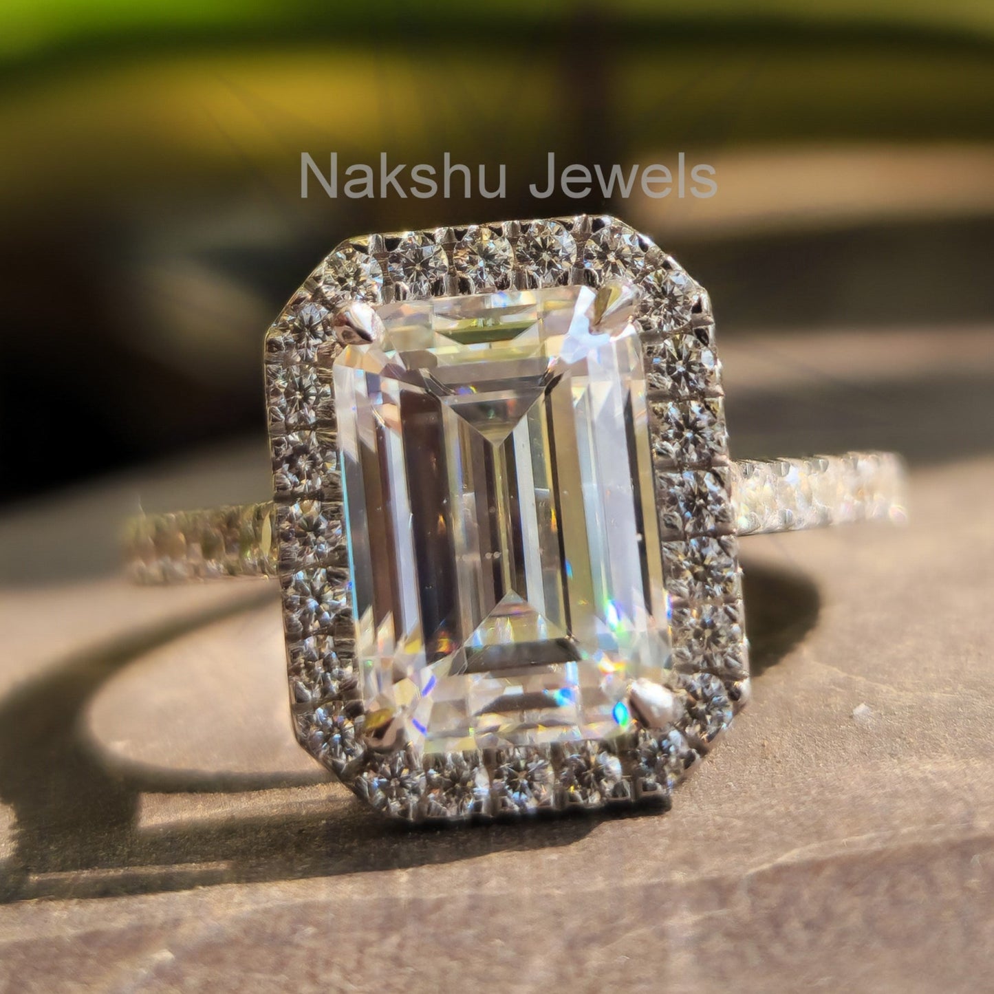 Emerald Cut Moissanite Halo Pave Engagement Ring