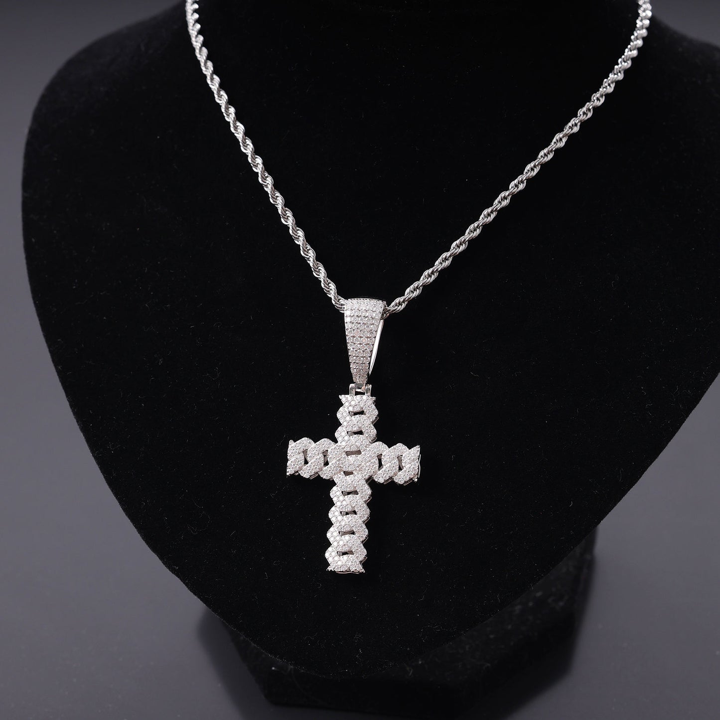 Round Cut Moissanite Iced Out Cuban Link Chain Cross Pendant For Men, Hip Hop Jewelry For Rapper In 925 Sterling Silver