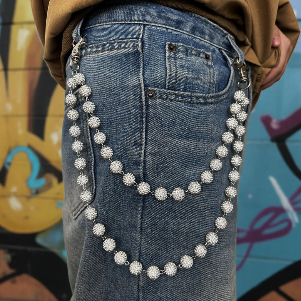 Unisex 925 Sterling Silver 12mm Moissanite Disco Ball Layered Jeans Chain For Women, Jeans Pocket Belt