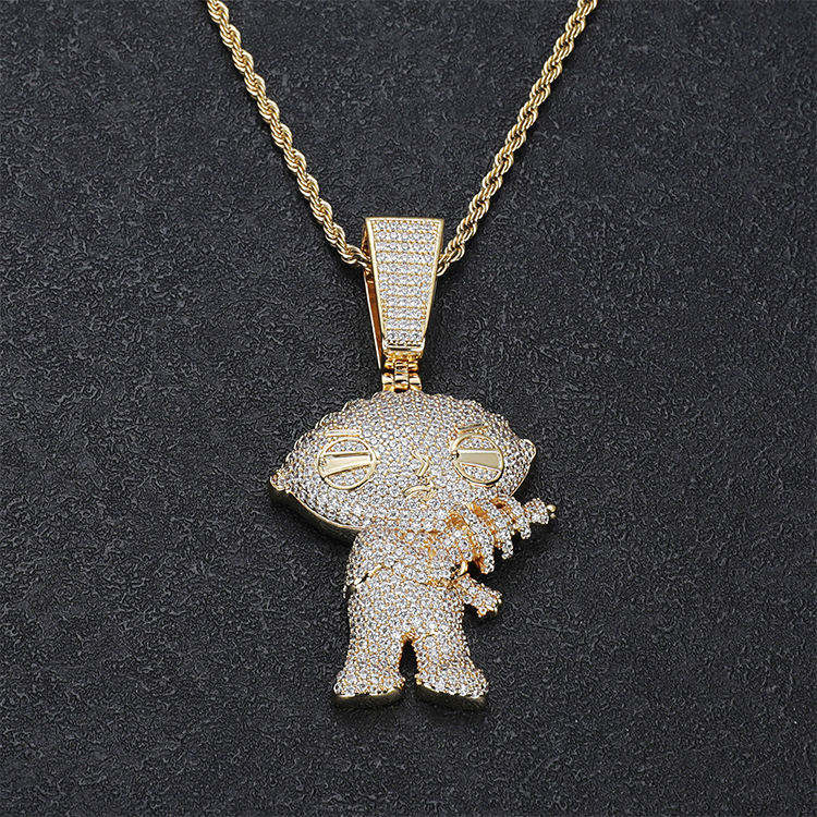 Round Cut Moissanite Hip Hop Stewie Griffin Cartoon Character Pendant In 925 Sterling Silver For Men, Women and Rapper