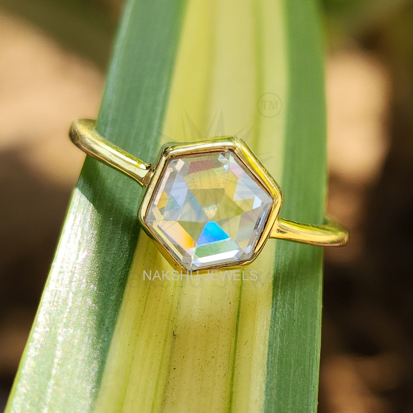Rose Cut Hexagon Bezel Set Solitaire Moissanite Engagement Ring