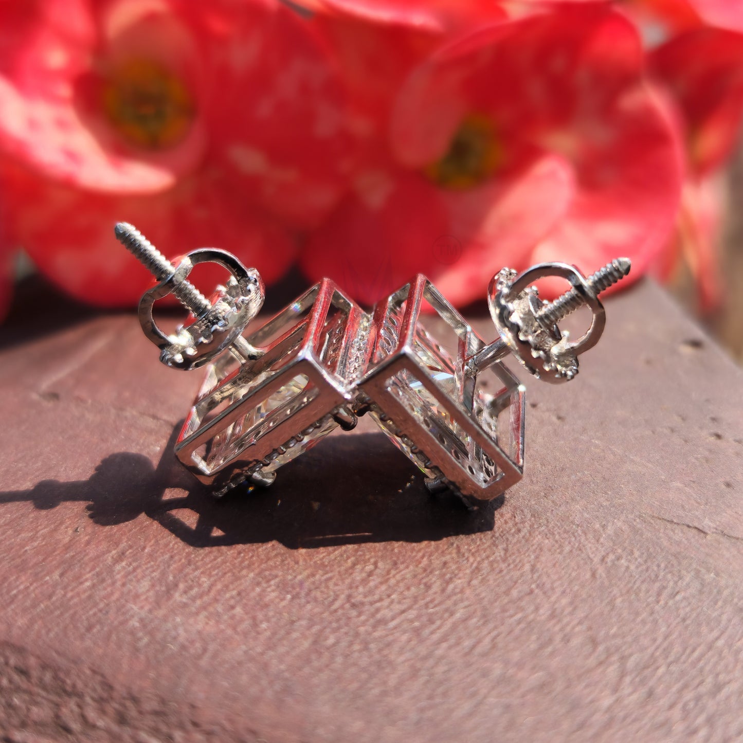 Colorless Princess Cut Moissanite 4 Prong Halo Screw Back Stud Earrings