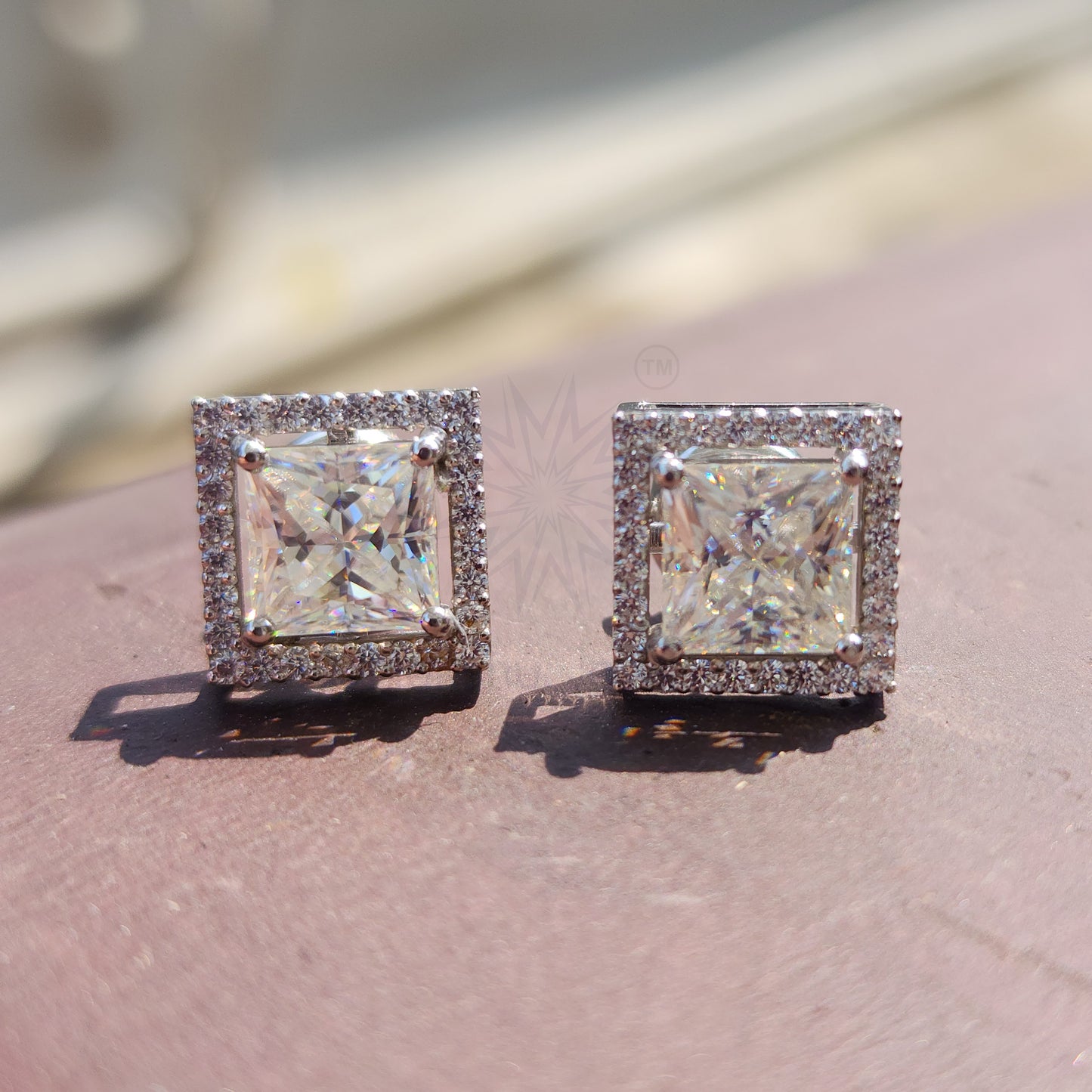 Colorless Princess Cut Moissanite 4 Prong Halo Screw Back Stud Earrings