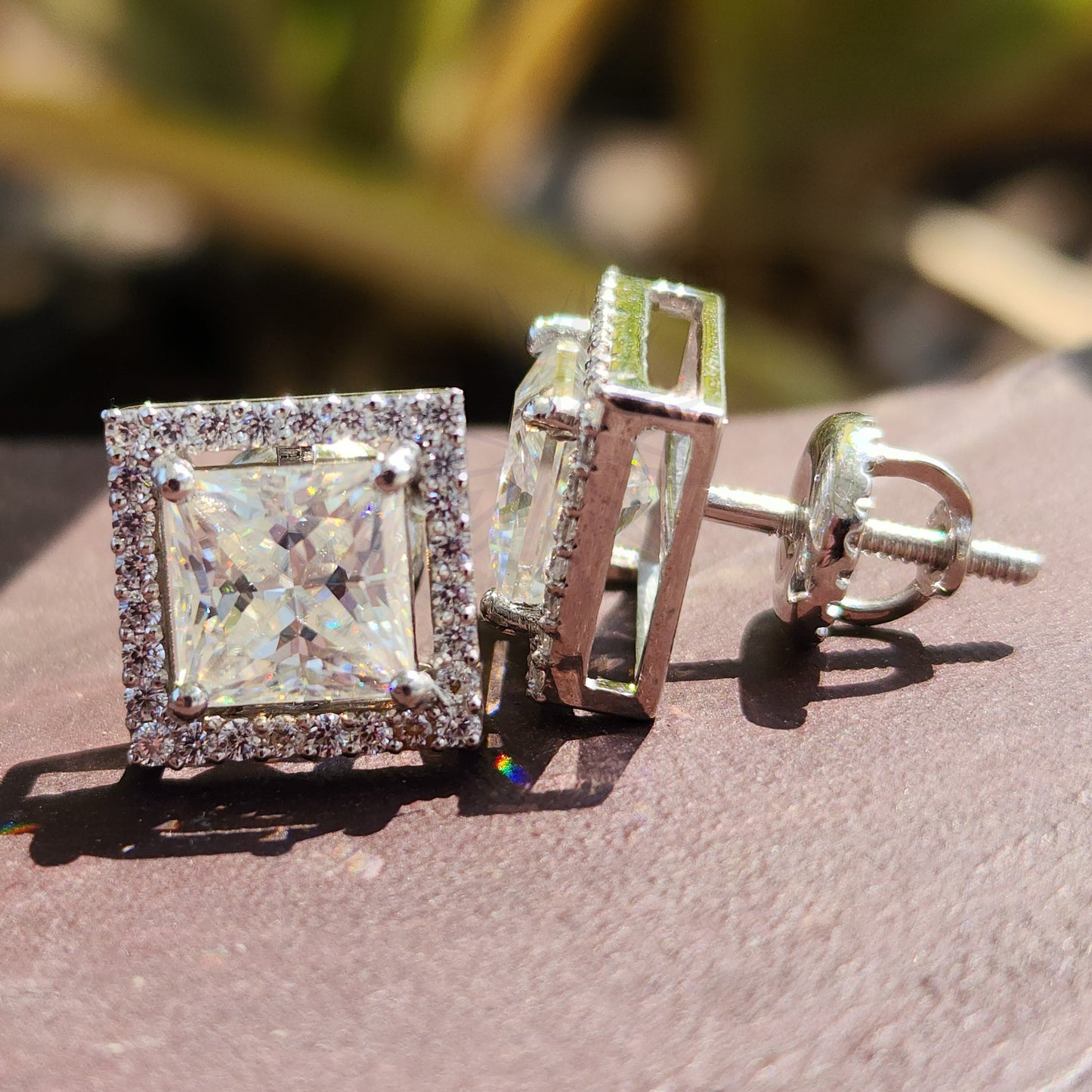 Colorless Princess Cut Moissanite 4 Prong Halo Screw Back Stud Earrings