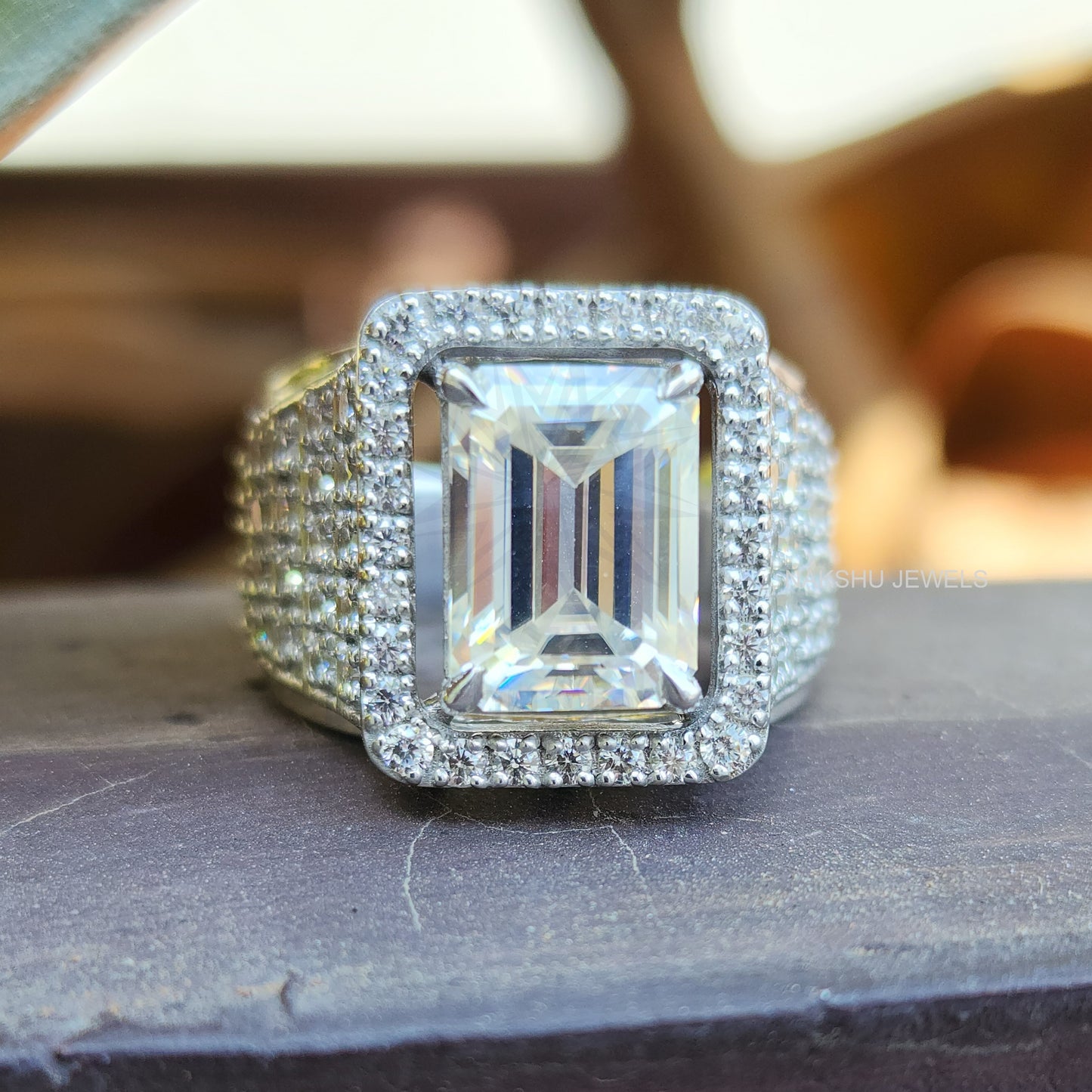 Emerald Moissanite Halo Pave Engagement Ring - Men's Iced Out