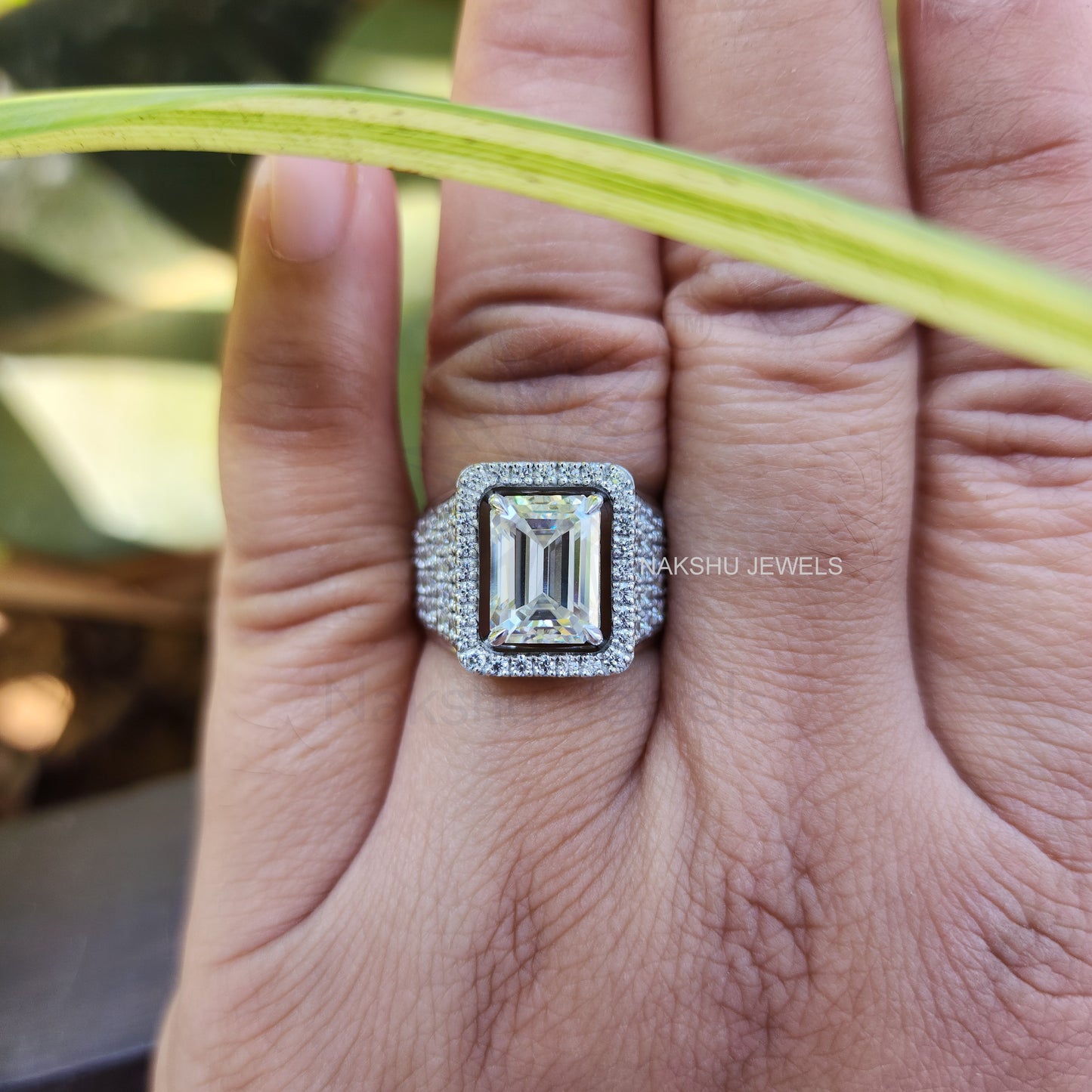 Emerald Moissanite Halo Pave Engagement Ring - Men's Iced Out