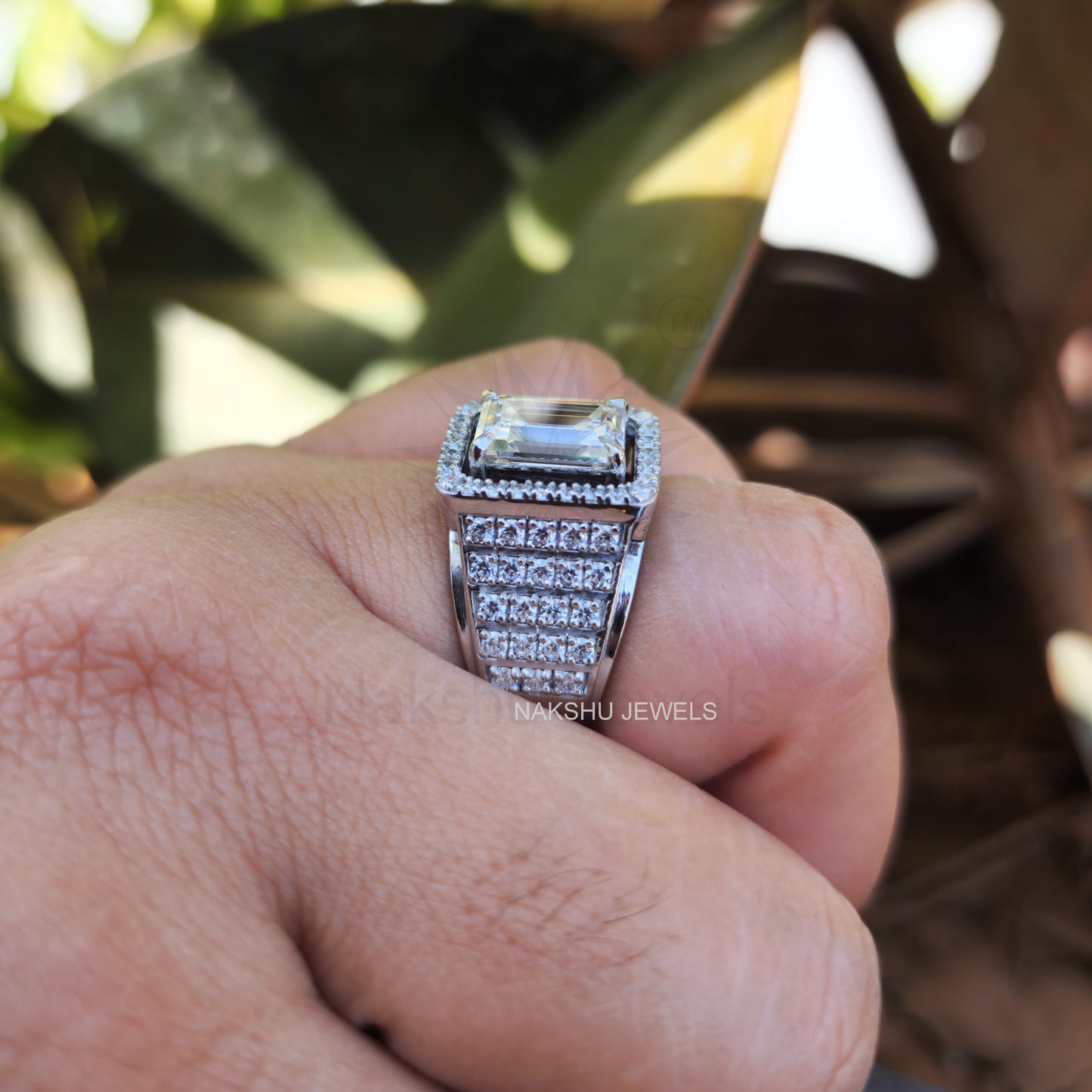 Emerald Moissanite Halo Pave Engagement Ring - Men's Iced Out