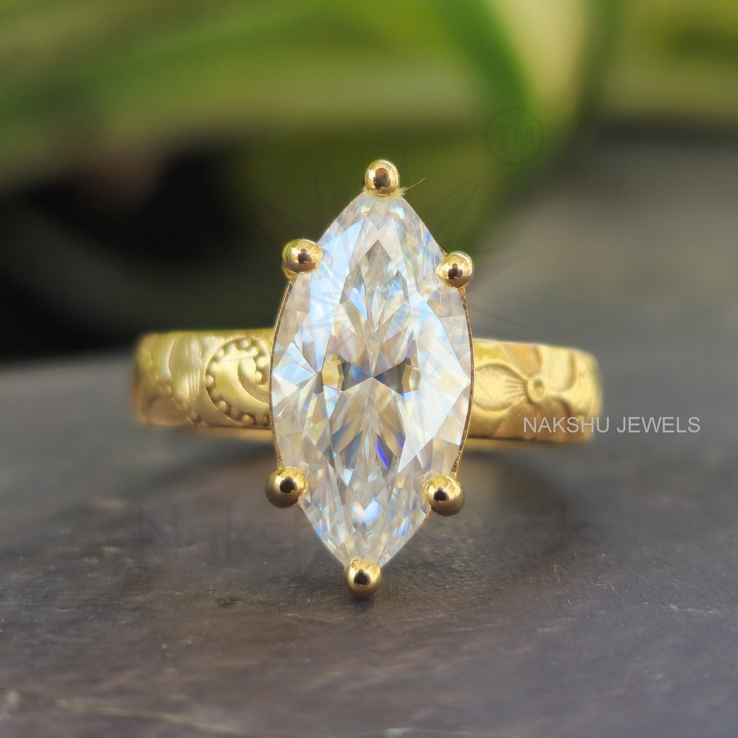 Vintage Marquise Cut Moissanite Solitaire Engagement Ring, Art Deco Set