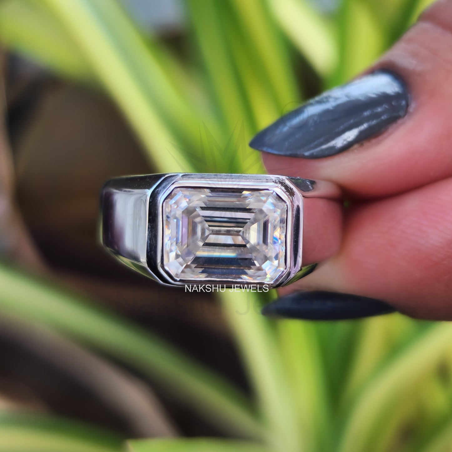 Emerald Cut Moissanite Men's Bezel Set Solitaire Engagement Ring