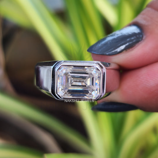 Emerald Cut Moissanite Men's Bezel Set Solitaire Engagement Ring