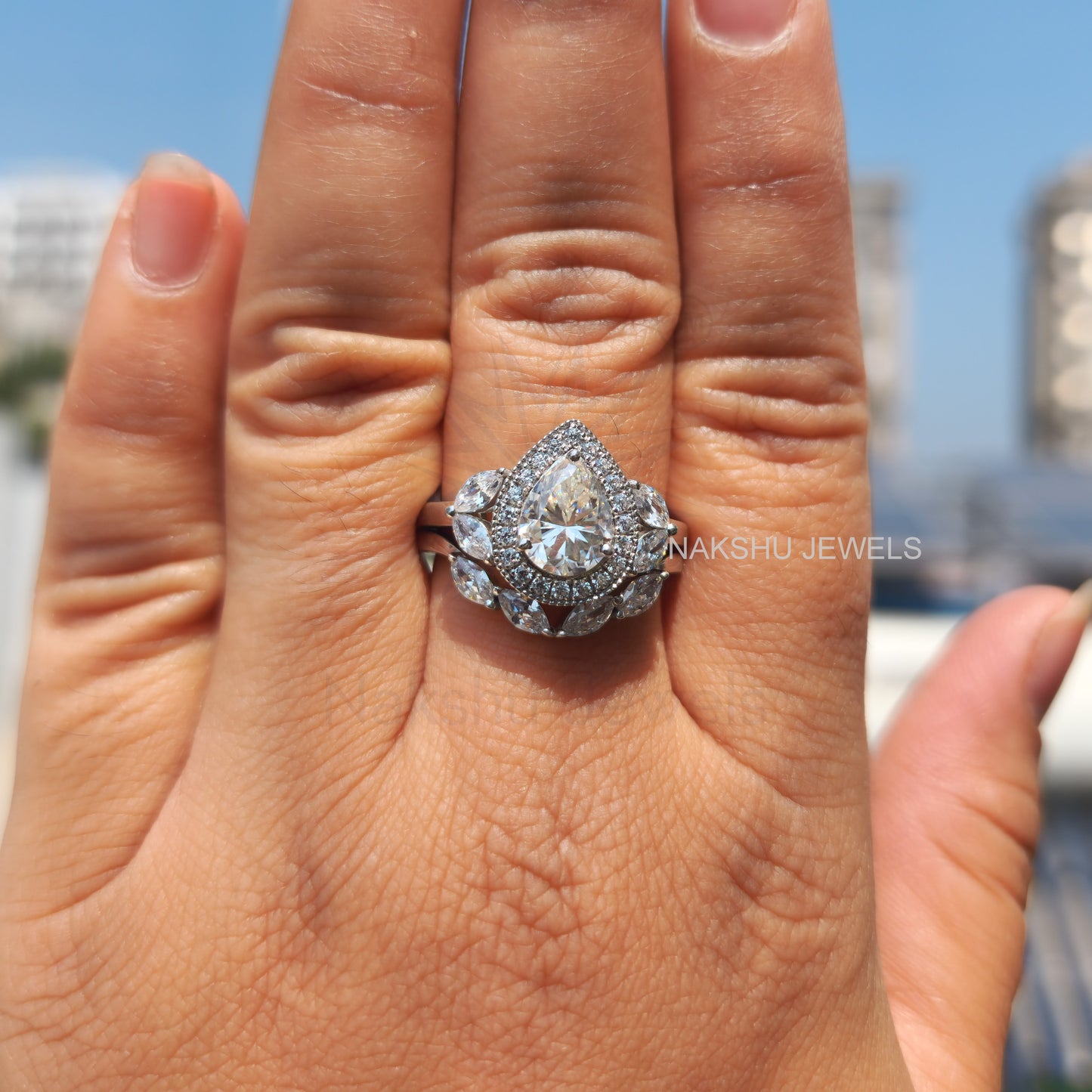 Pear Cut Moissanite Halo Engagement Ring Set, Cluster Wedding Bridal Set