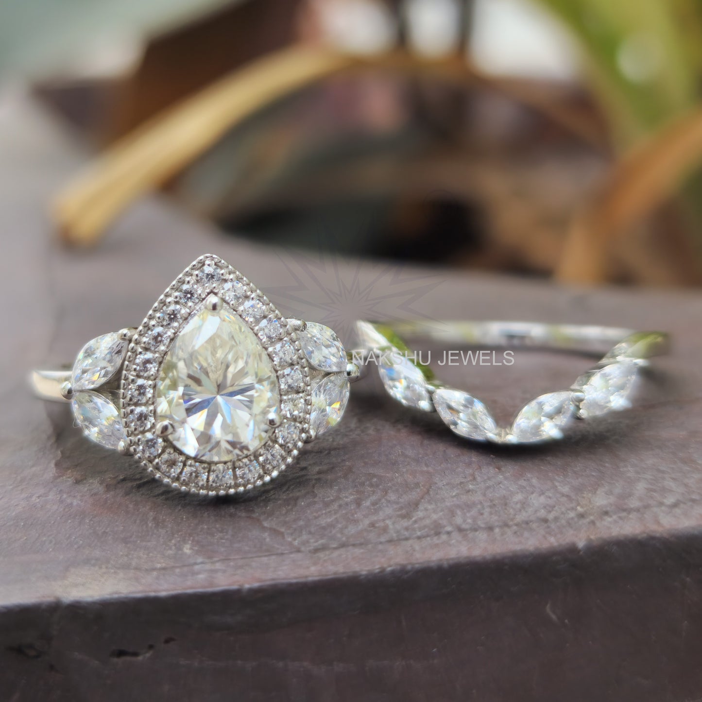 Pear Cut Moissanite Halo Engagement Ring Set, Cluster Wedding Bridal Set