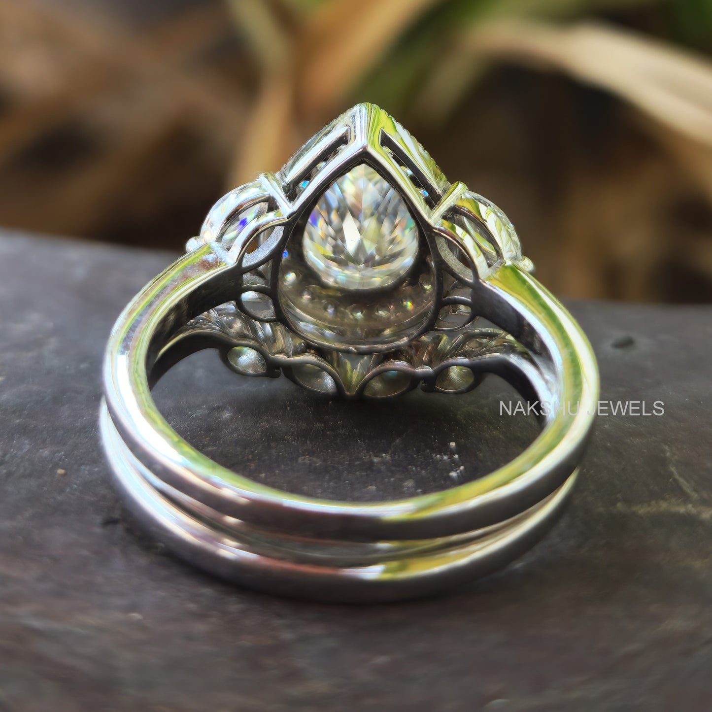 Pear Cut Moissanite Halo Engagement Ring Set, Cluster Wedding Bridal Set