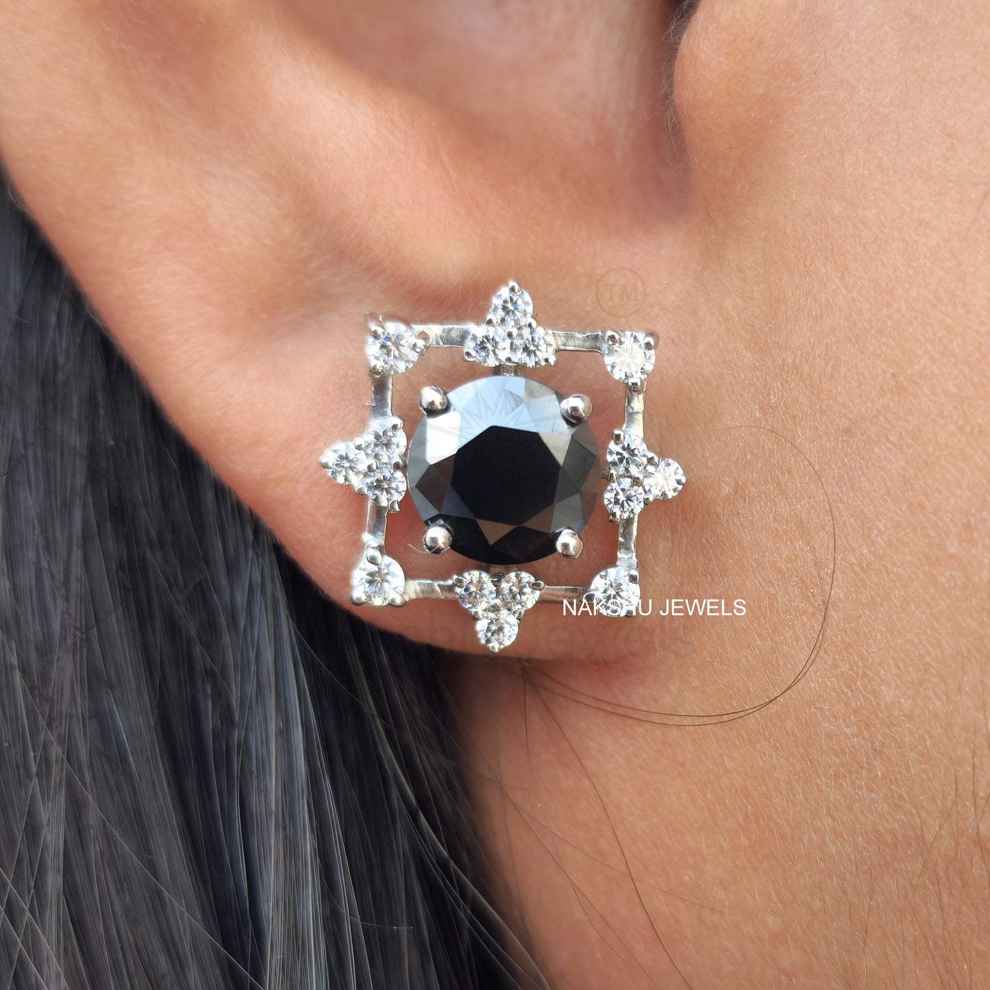 Art Deco Black Round Moissanite Stud Earrings Gift for Wife, Mother, Daughter