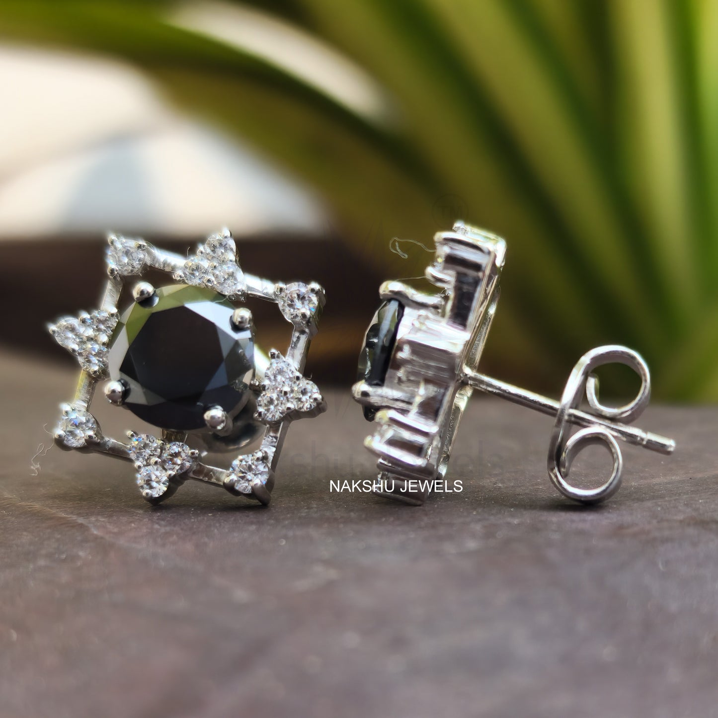 Art Deco Black Round Moissanite Stud Earrings Gift for Wife, Mother, Daughter