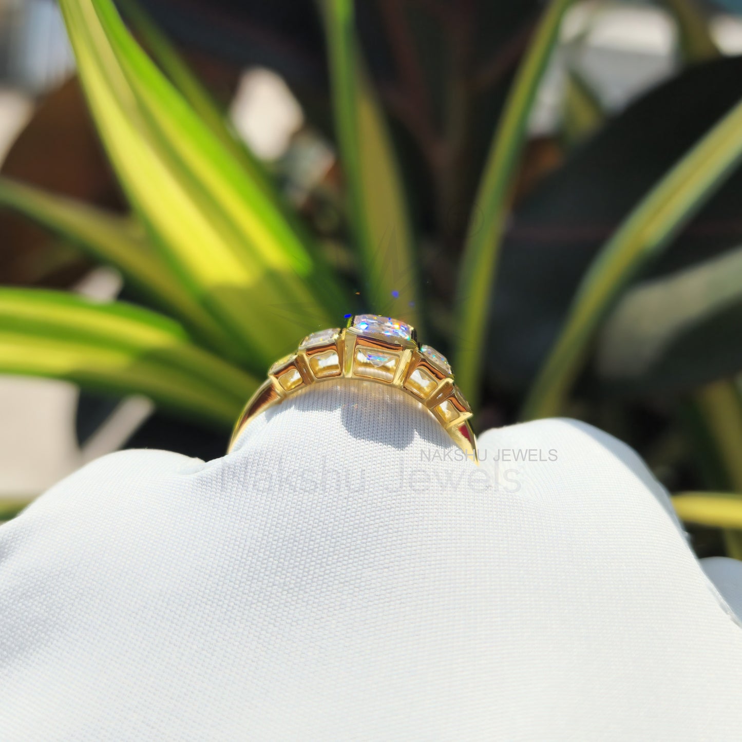 Emerald Cut Moissanite Bezel Set Engagement Ring - 5 Stone Moissanite Ring