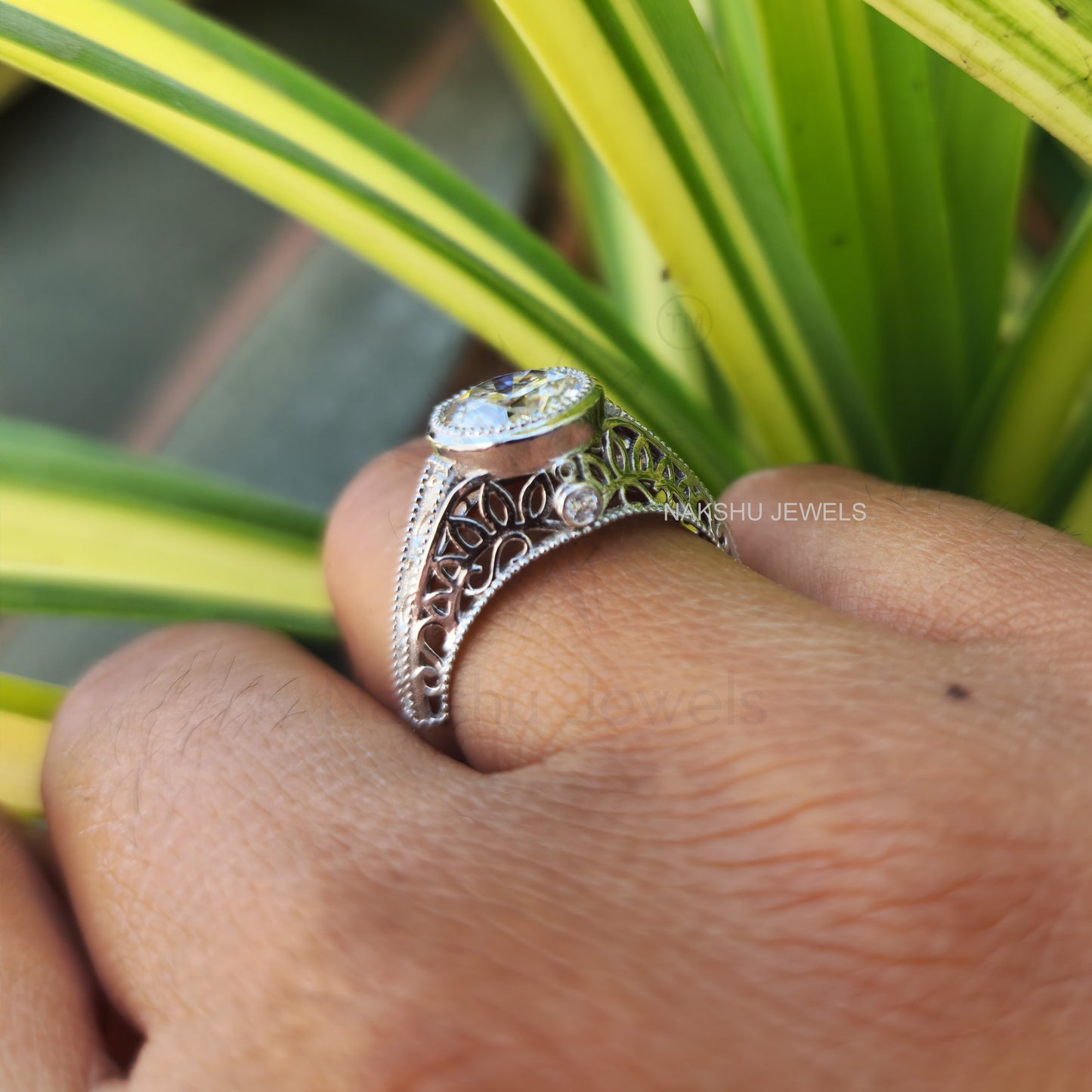 Vintage Style Round Moissanite Engagement Ring - Bezel Set Milgrain Art Deco