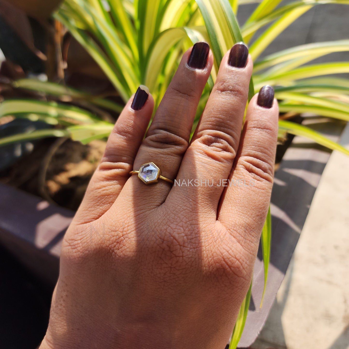 Rose Cut Hexagon Bezel Set Solitaire Moissanite Engagement Ring