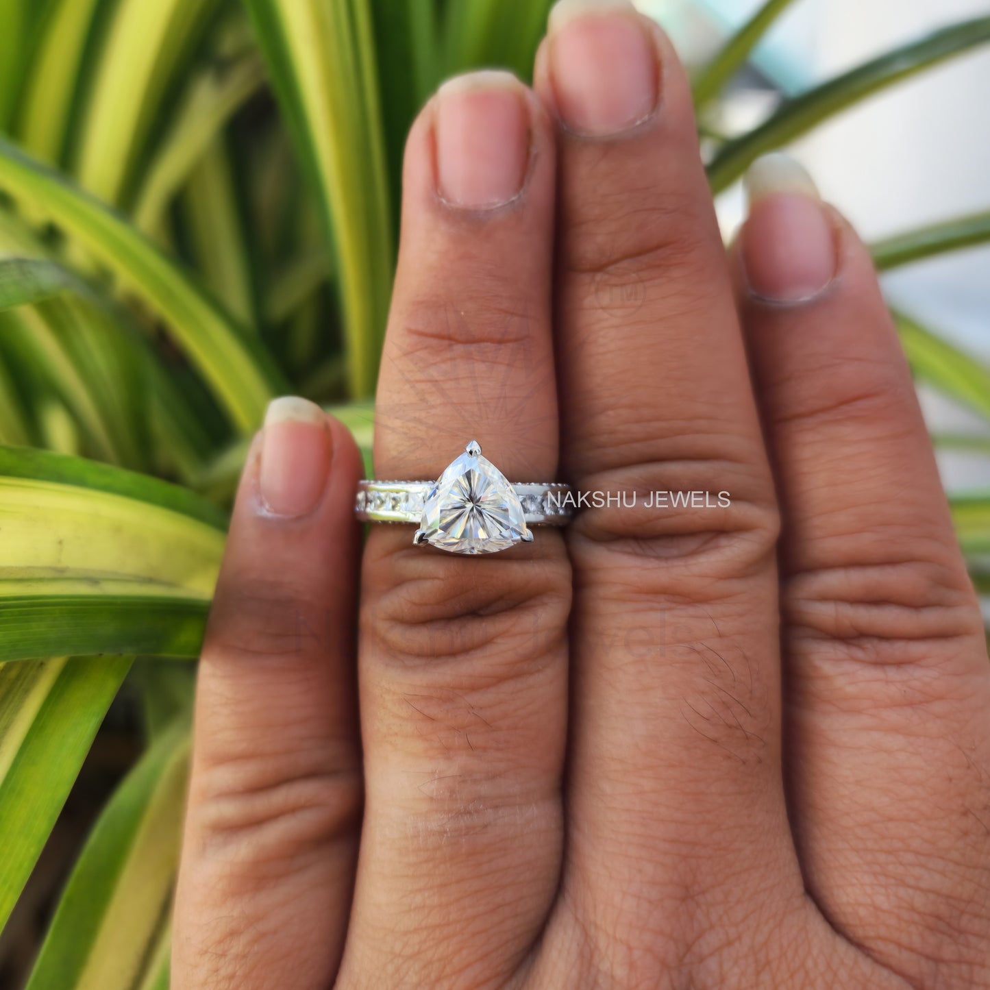 Trillion Cut Moissanite Pave Engagement Ring