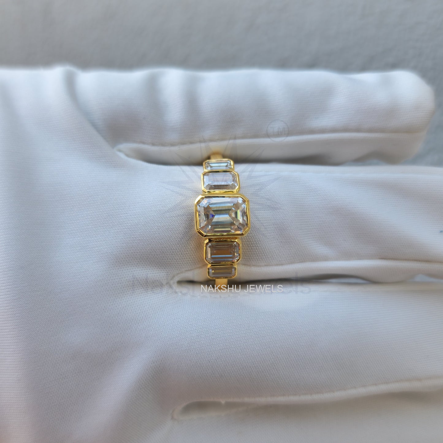 Emerald Cut Moissanite Bezel Set Engagement Ring - 5 Stone Moissanite Ring