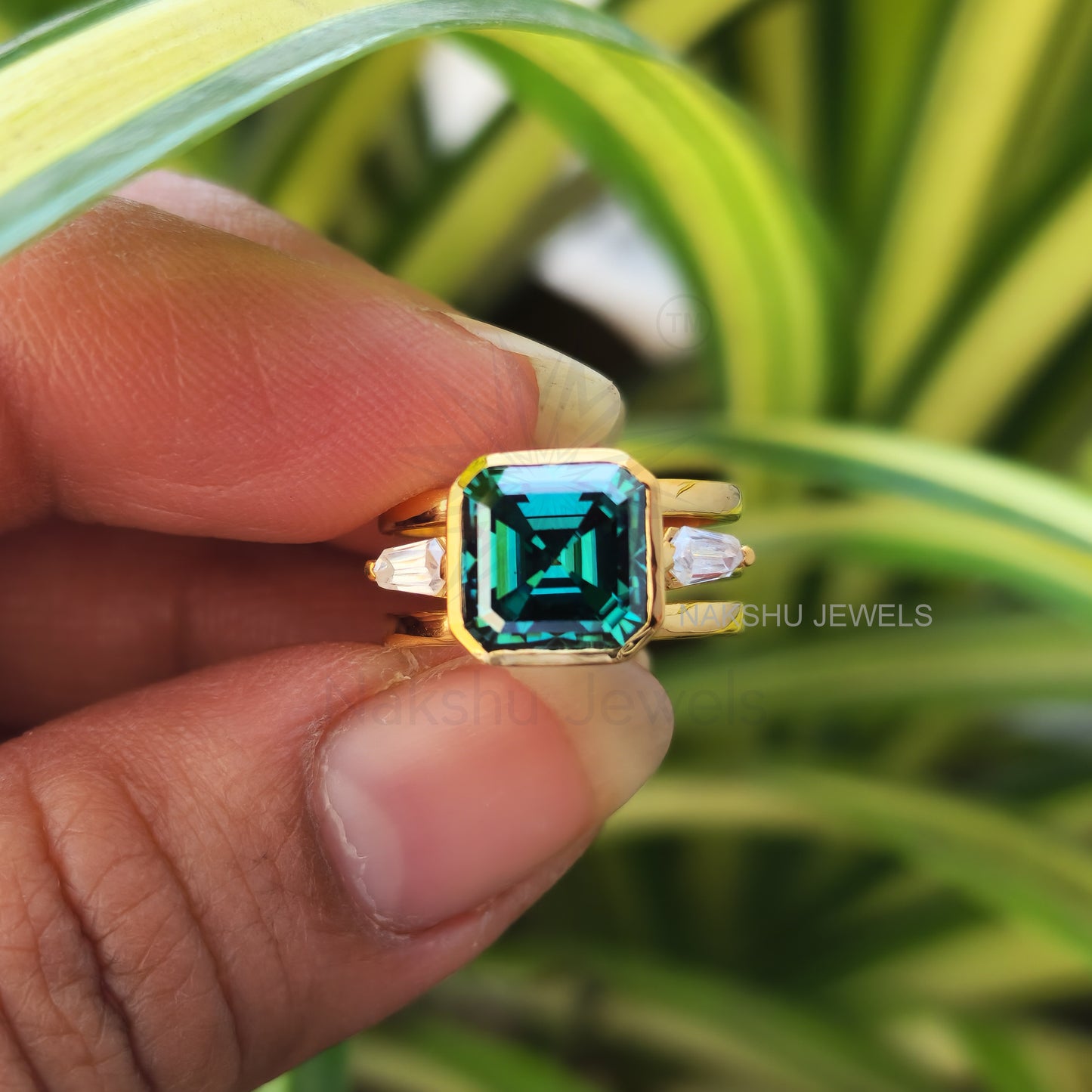 Dark Green Asscher Cut Three Stone Moissanite Engagement Ring