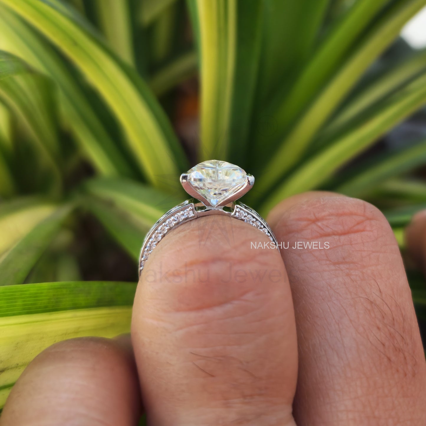 Trillion Cut Moissanite Pave Engagement Ring