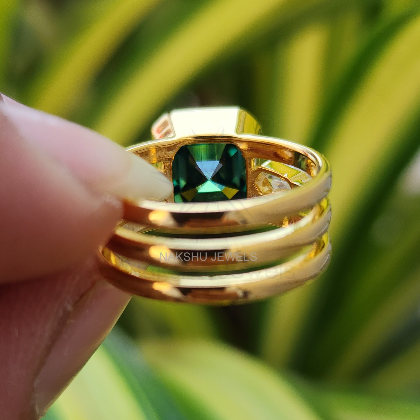 Dark Green Asscher Cut Three Stone Moissanite Engagement Ring