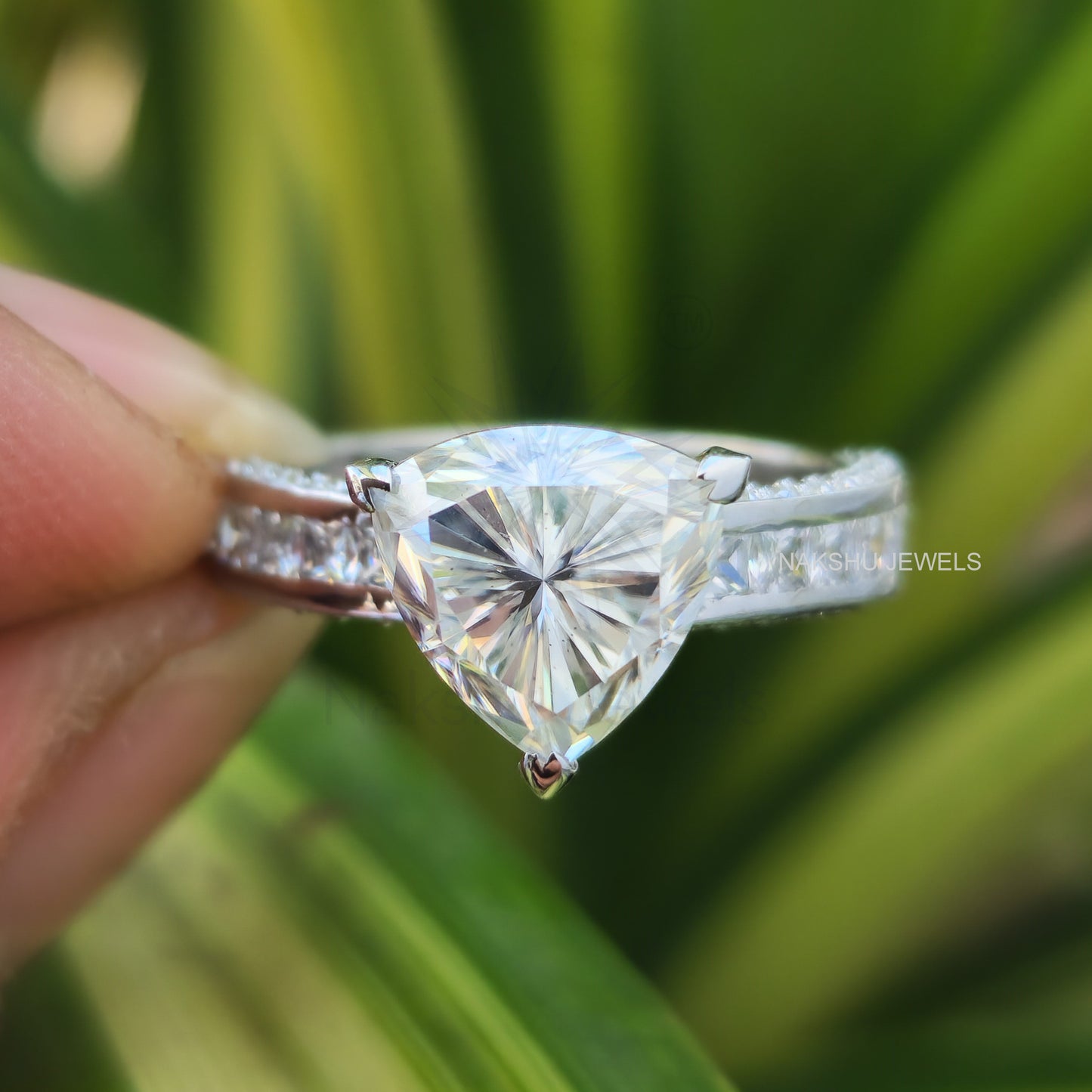 Trillion Cut Moissanite Pave Engagement Ring