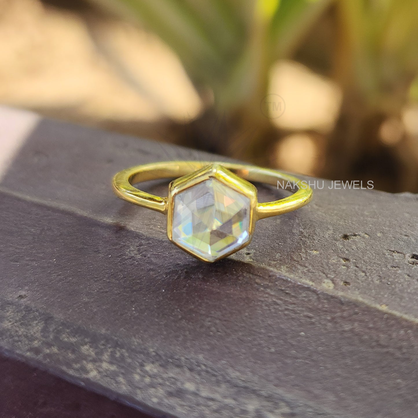 Rose Cut Hexagon Bezel Set Solitaire Moissanite Engagement Ring