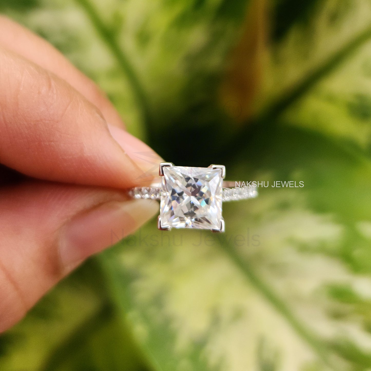 Princess Cut V Prong Moissanite Pave Engagement Wedding Ring