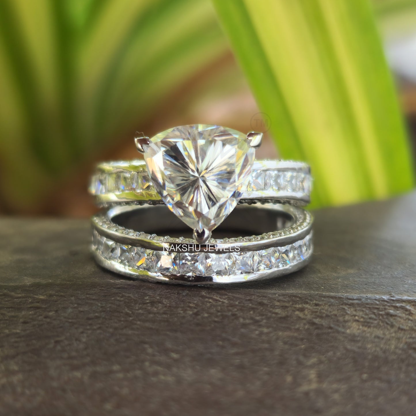 Trillion Cut Moissanite Pave Engagement Ring