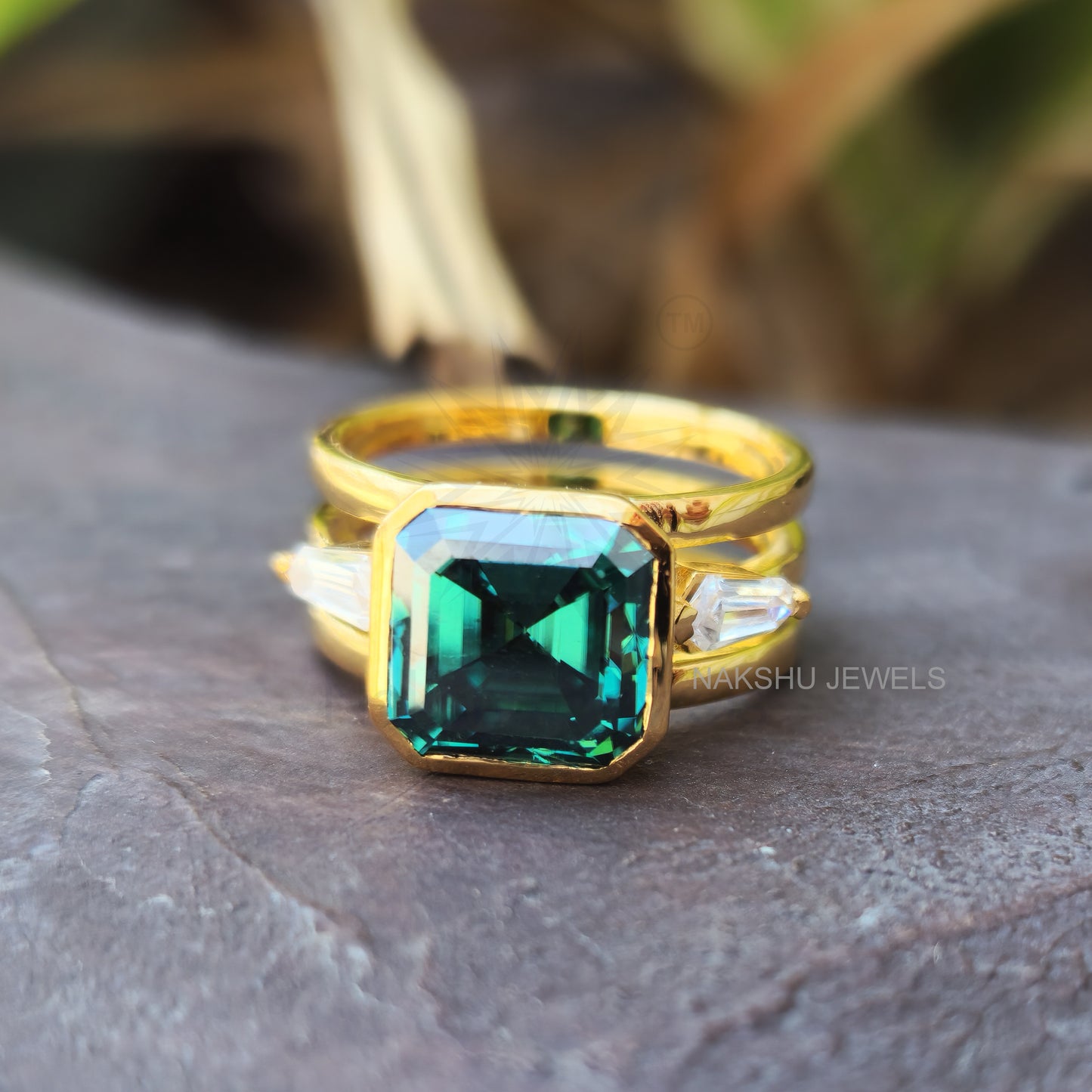Dark Green Asscher Cut Three Stone Moissanite Engagement Ring