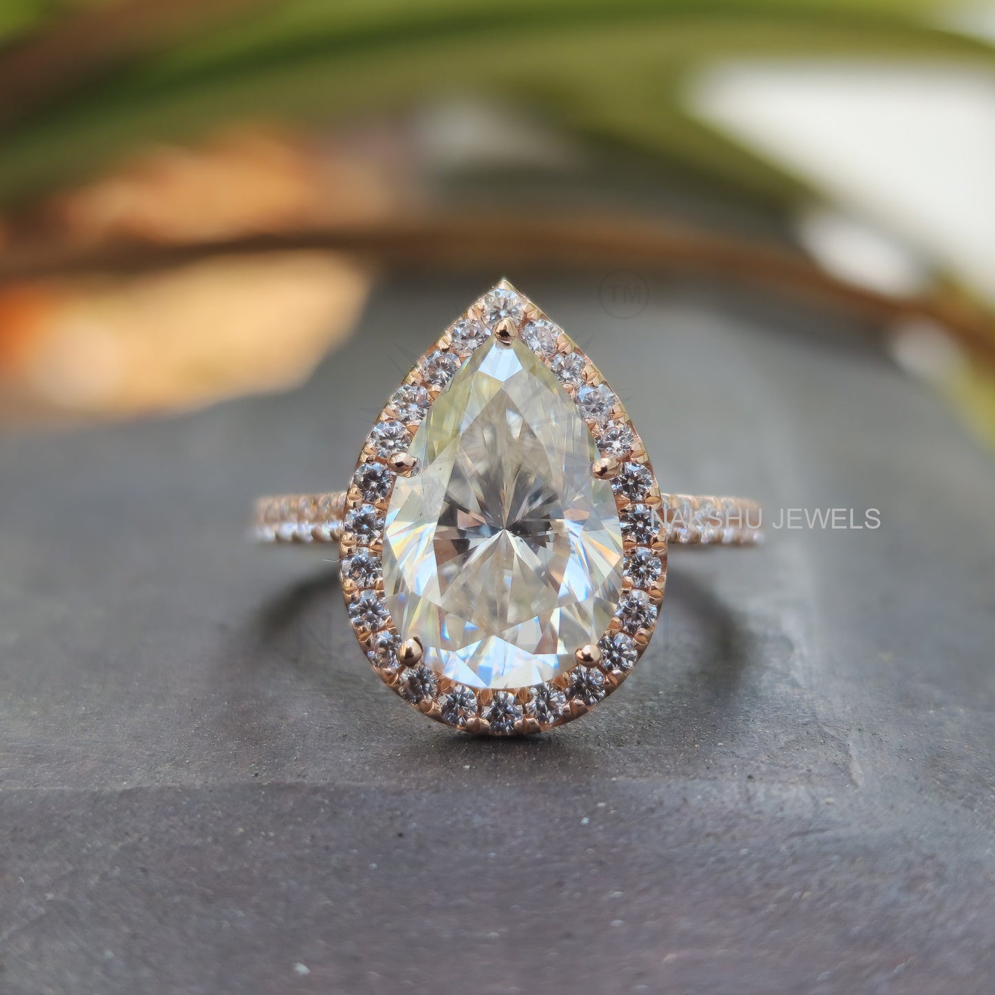 Pear Cut Moissanite Halo Engagement Wedding Ring Set