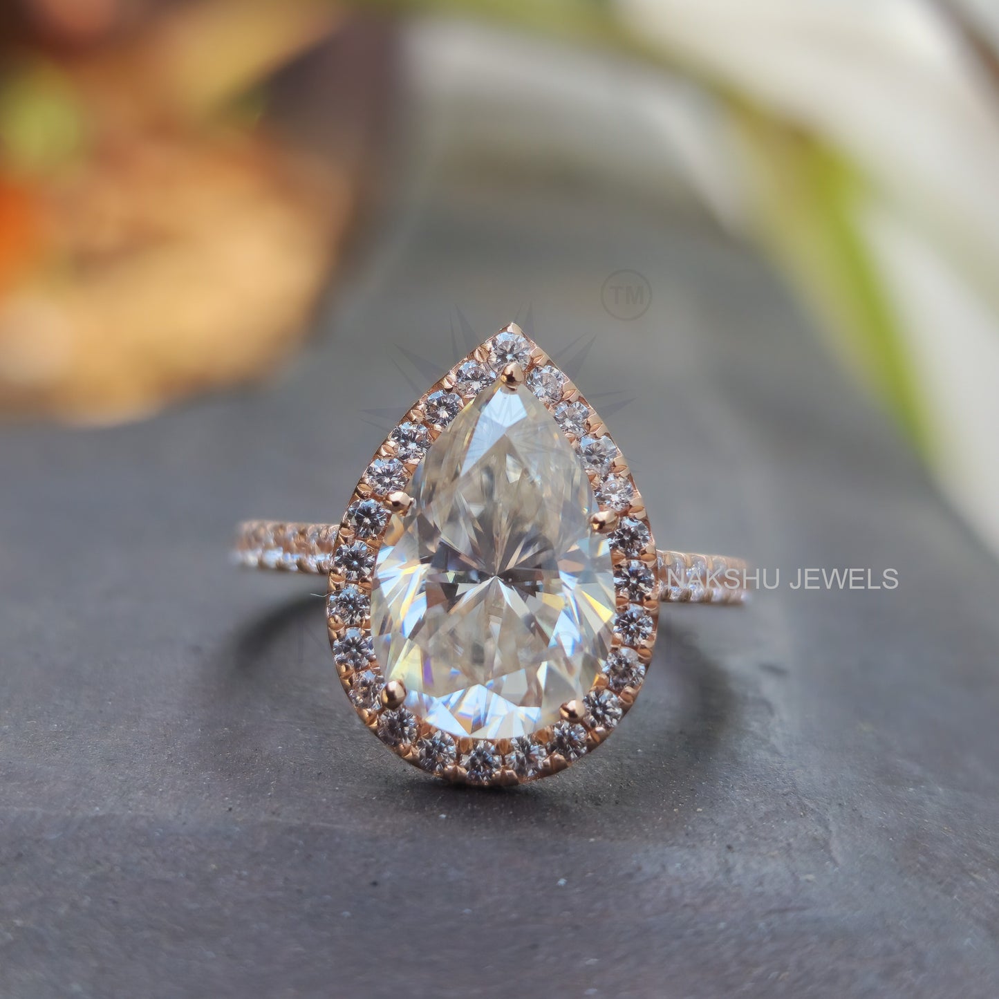Pear Cut Moissanite Halo Engagement Wedding Ring Set
