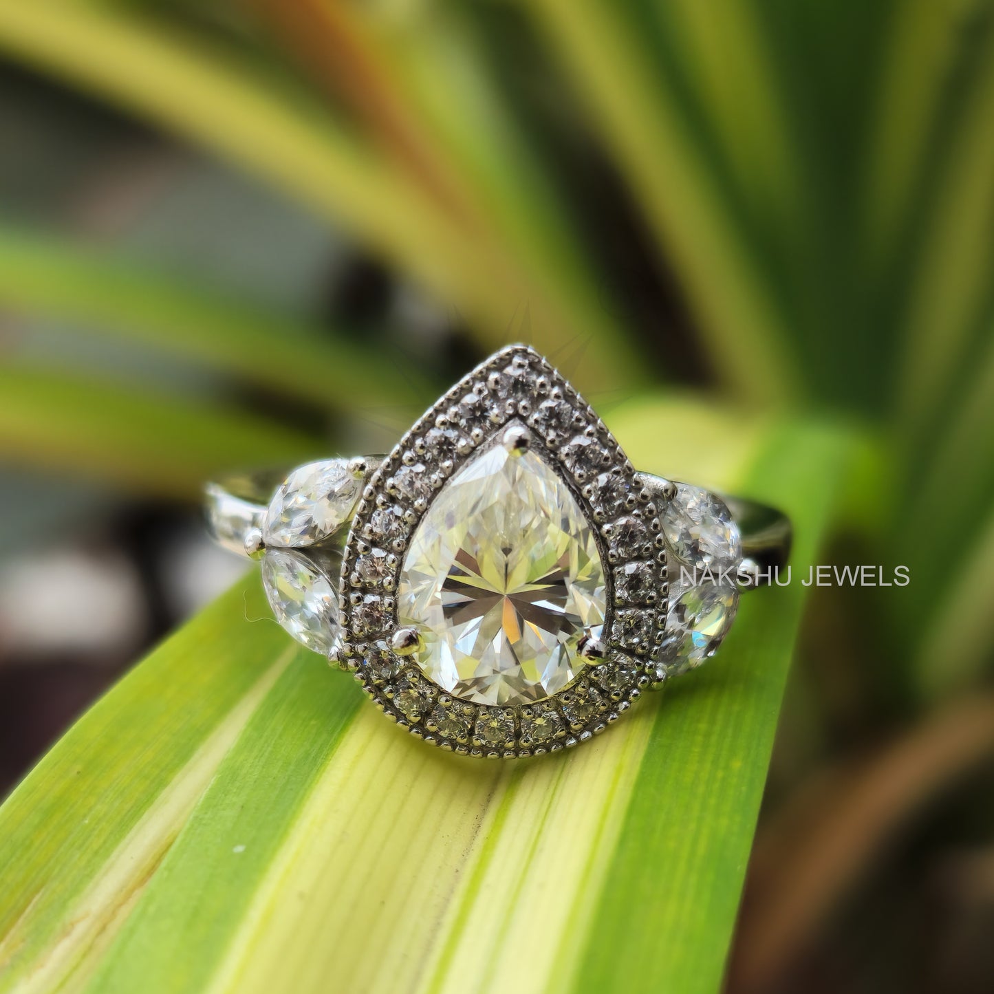 Pear Cut Moissanite Halo Engagement Ring Set, Cluster Wedding Bridal Set