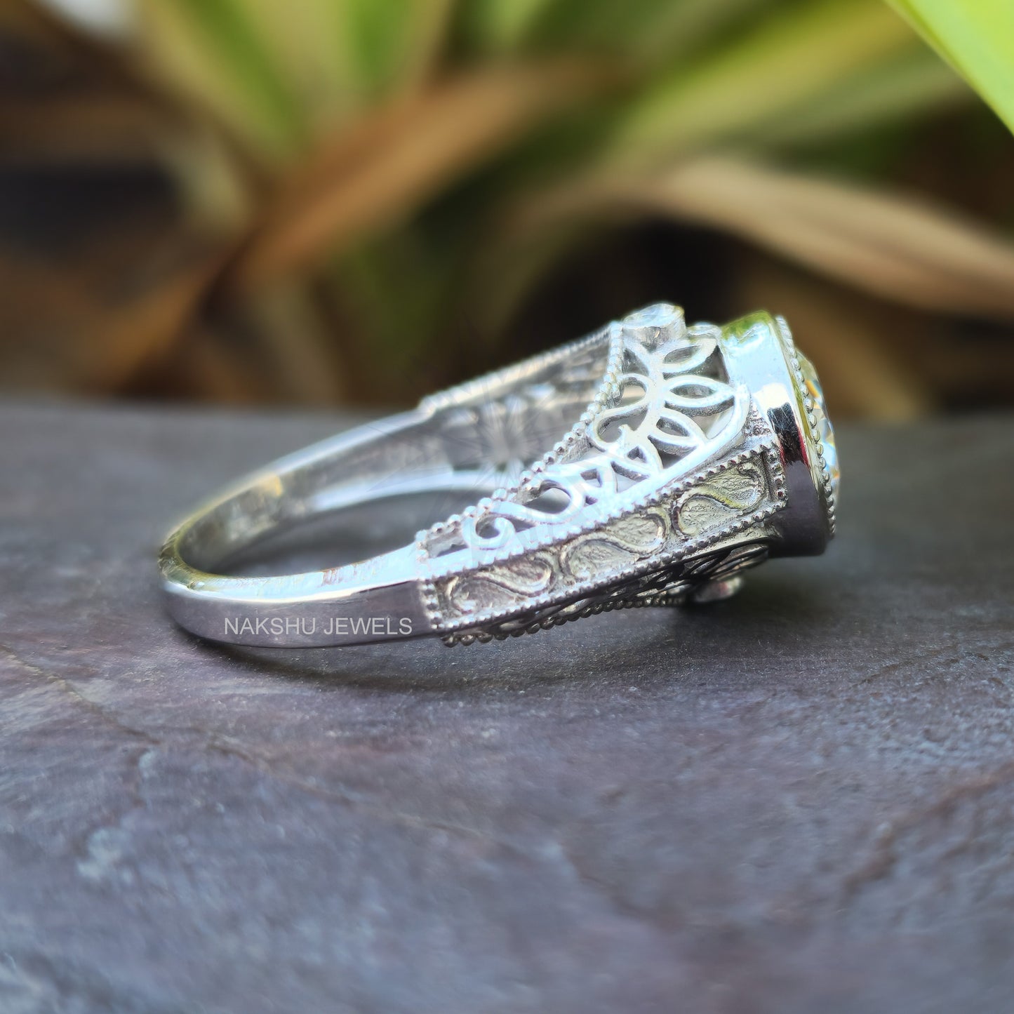 Vintage Style Round Moissanite Engagement Ring - Bezel Set Milgrain Art Deco