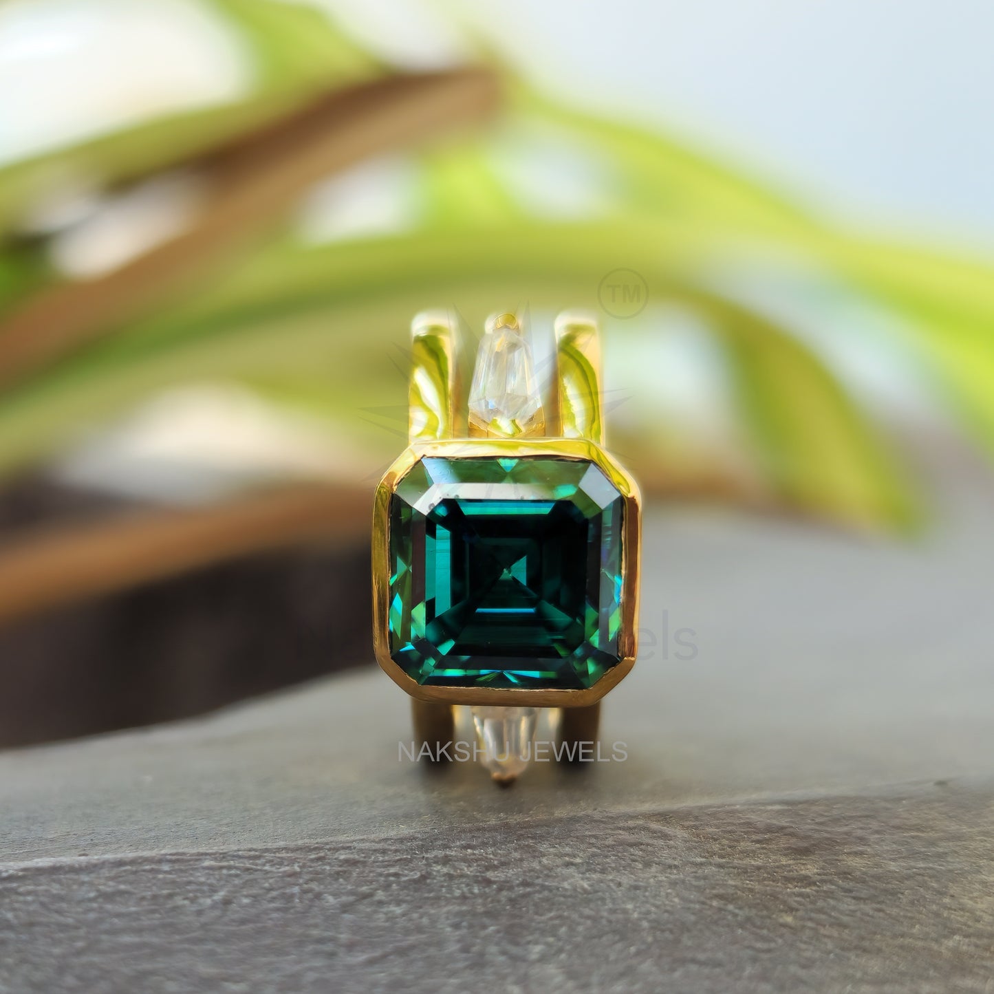 Dark Green Asscher Cut Three Stone Moissanite Engagement Ring