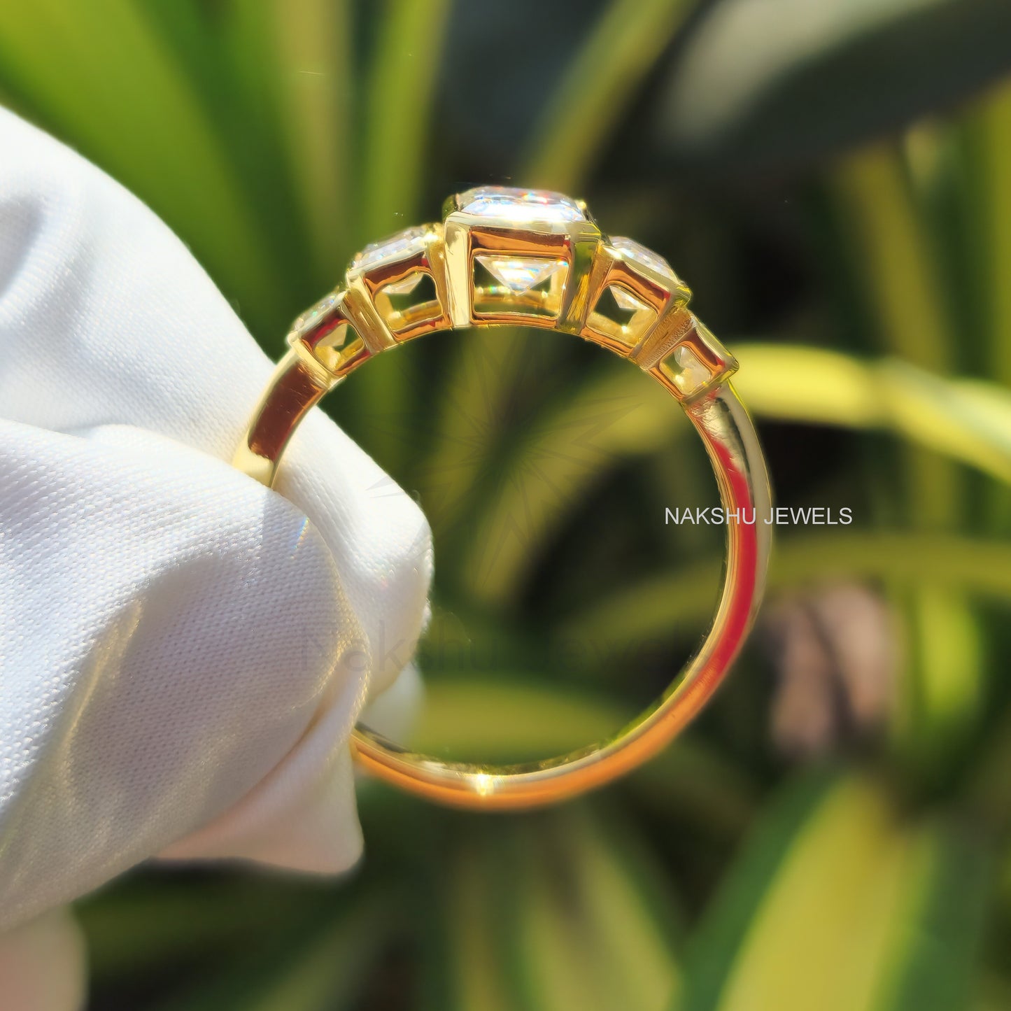 Emerald Cut Moissanite Bezel Set Engagement Ring - 5 Stone Moissanite Ring