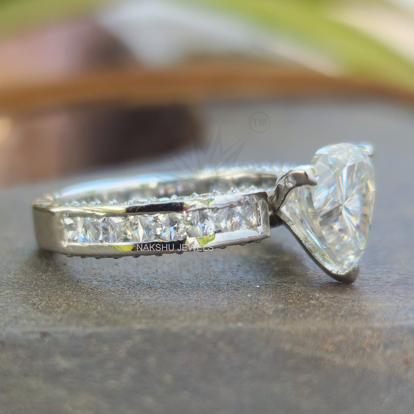 Trillion Cut Moissanite Pave Engagement Ring