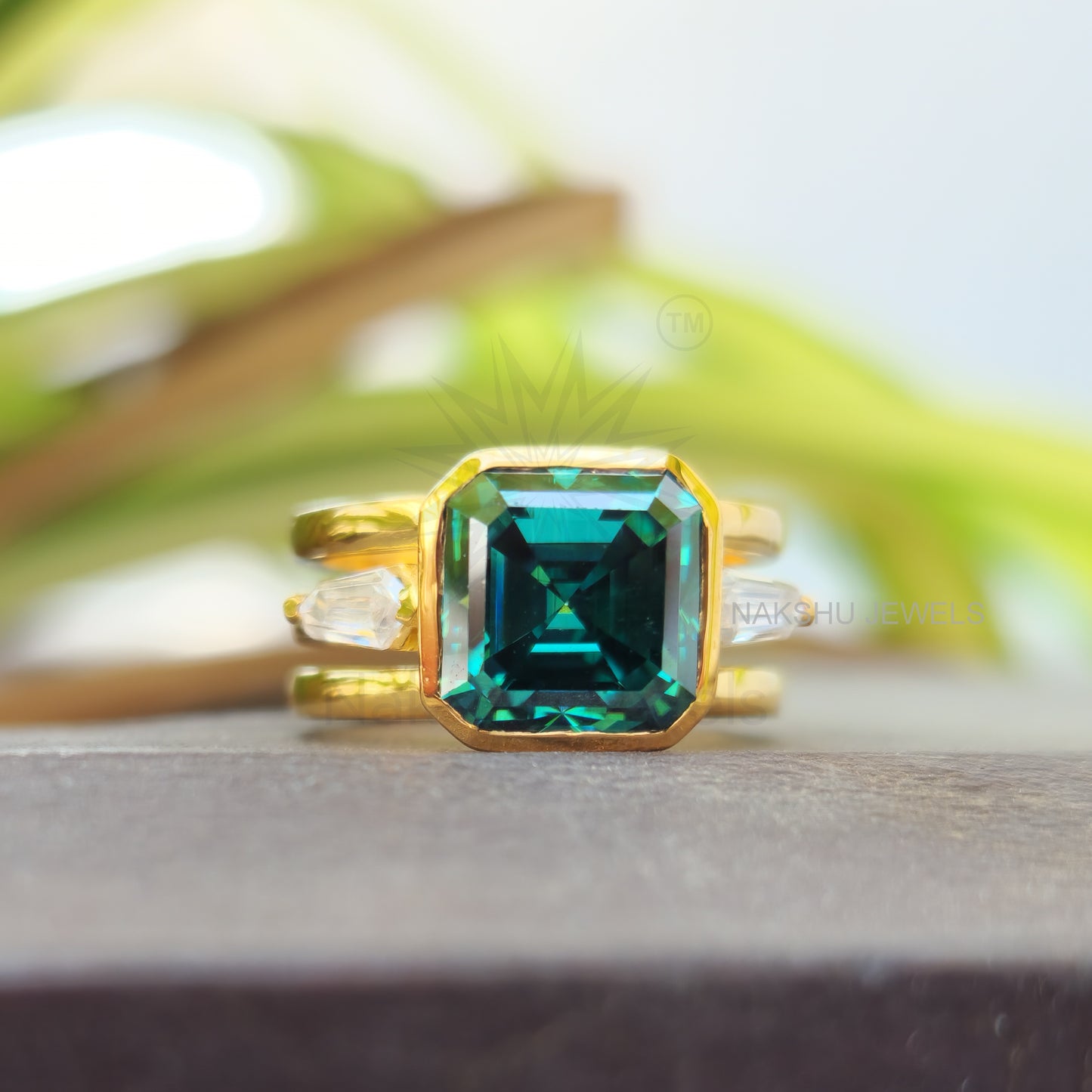 Dark Green Asscher Cut Three Stone Moissanite Engagement Ring