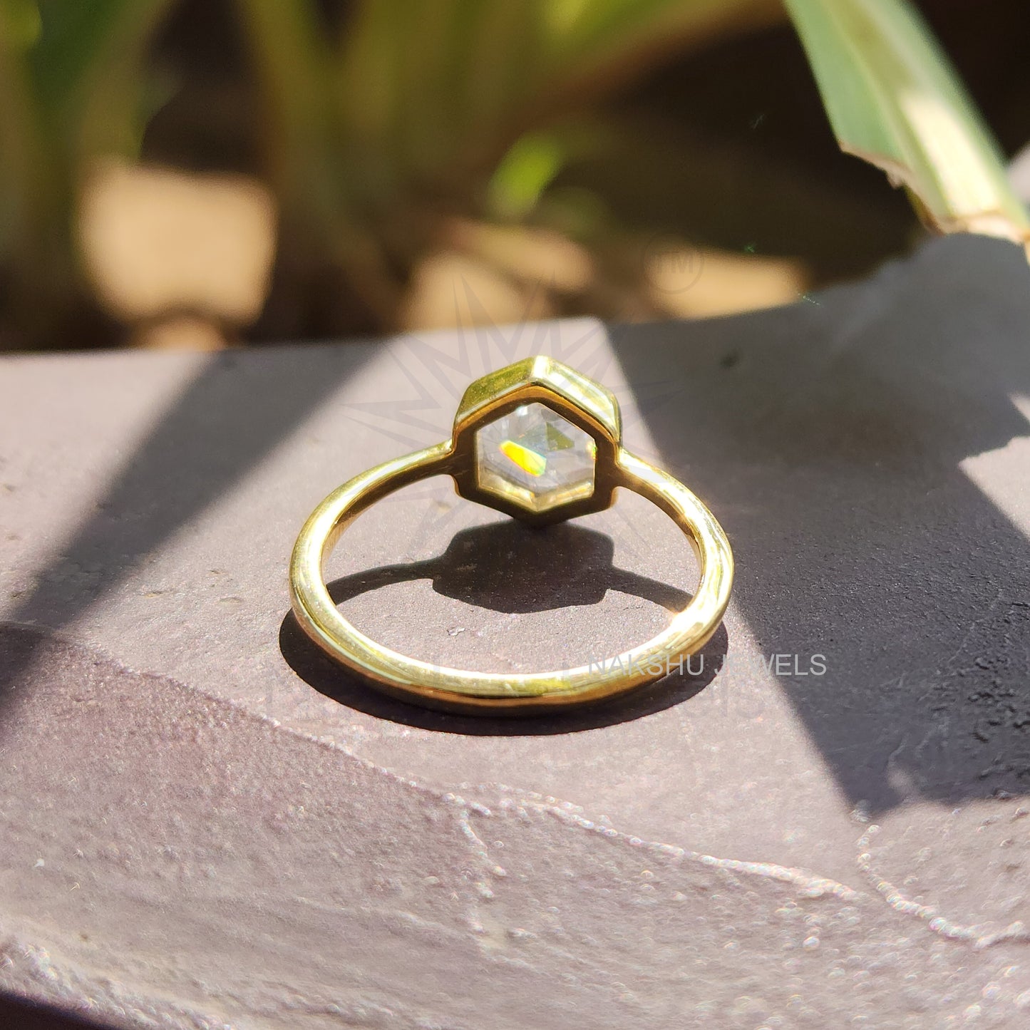Rose Cut Hexagon Bezel Set Solitaire Moissanite Engagement Ring