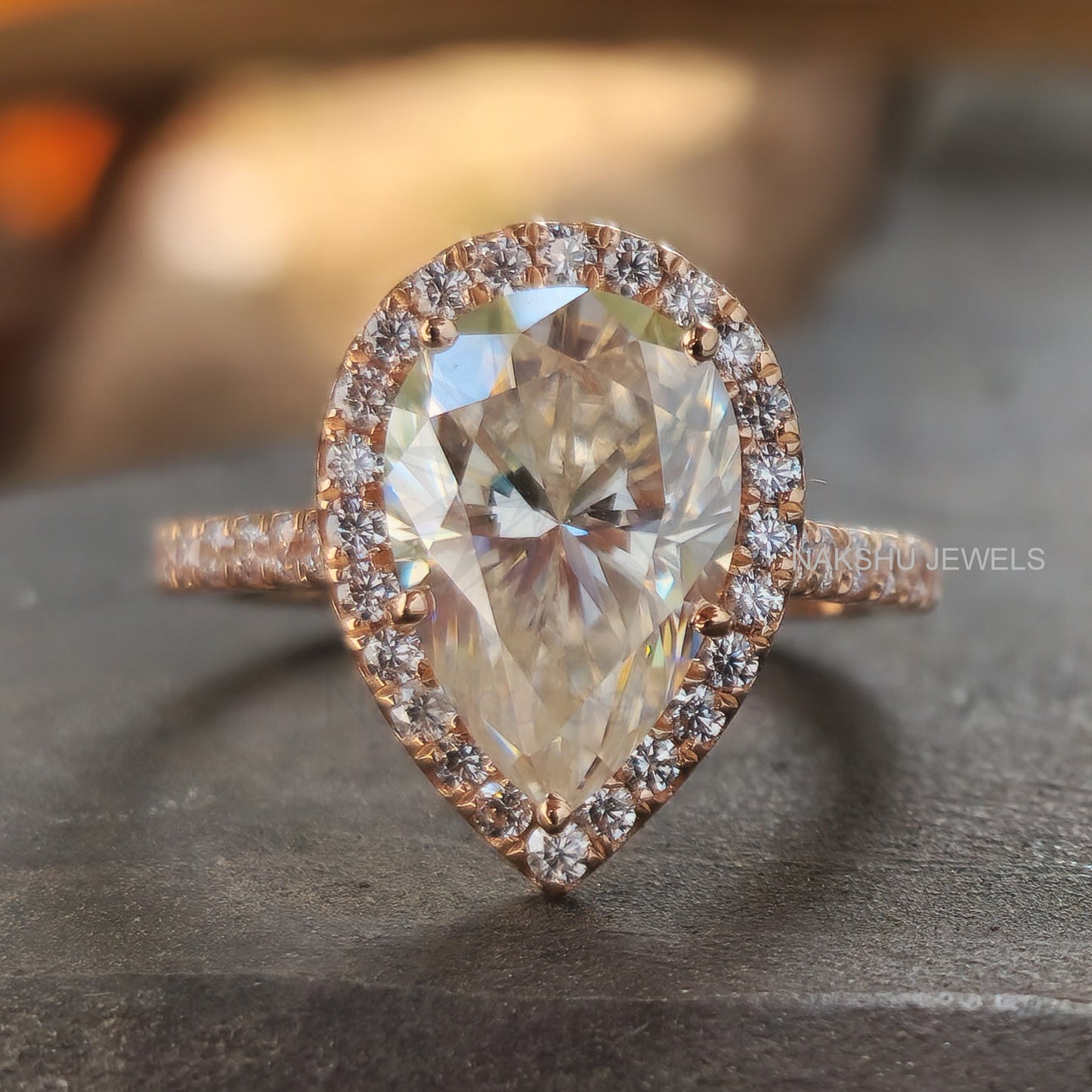 Pear Shaped Moissanite Halo Engagement Wedding Ring Set