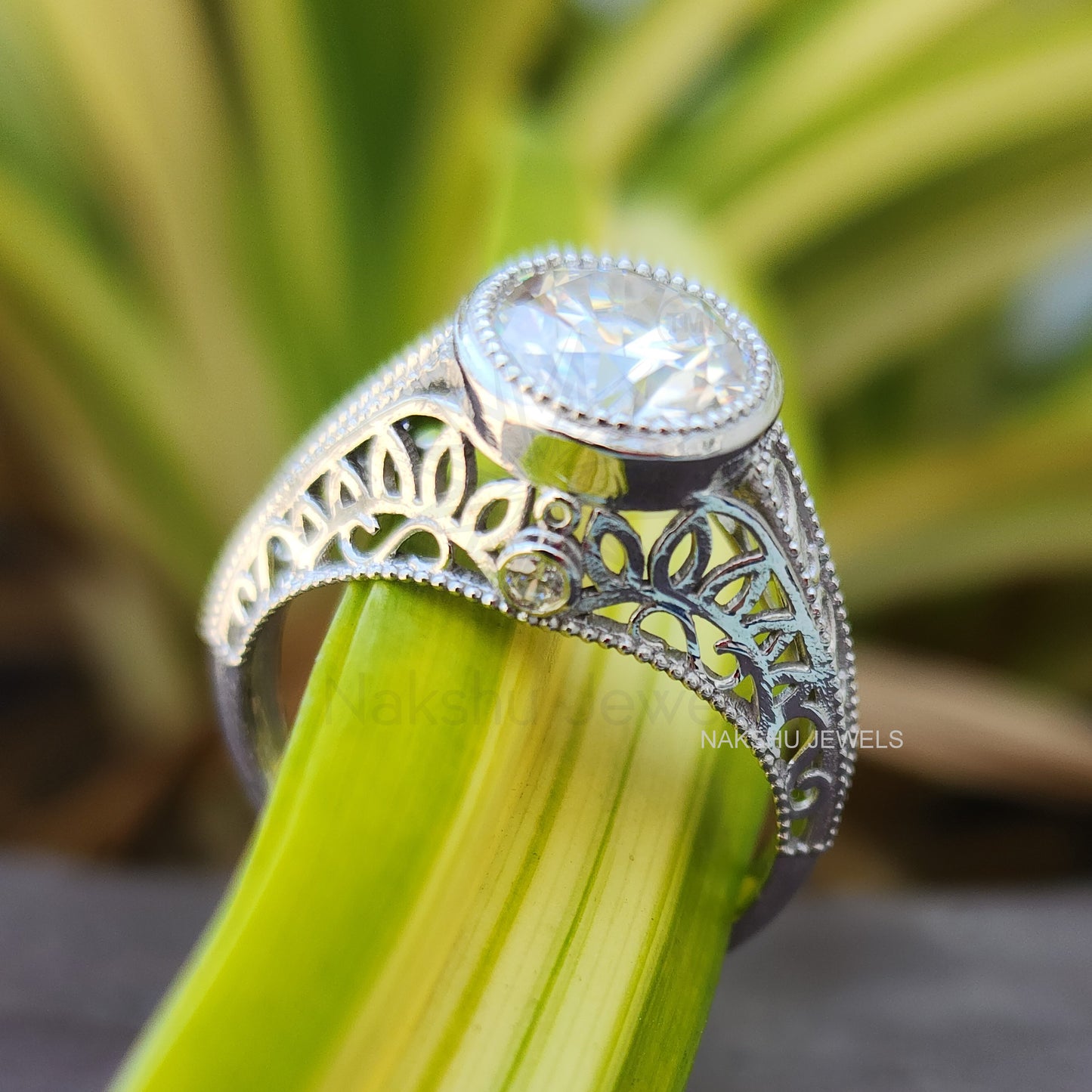 Vintage Style Round Moissanite Engagement Ring - Bezel Set Milgrain Art Deco