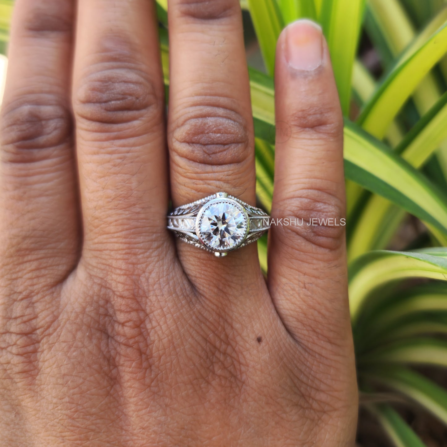 Vintage Style Round Moissanite Engagement Ring - Bezel Set Milgrain Art Deco