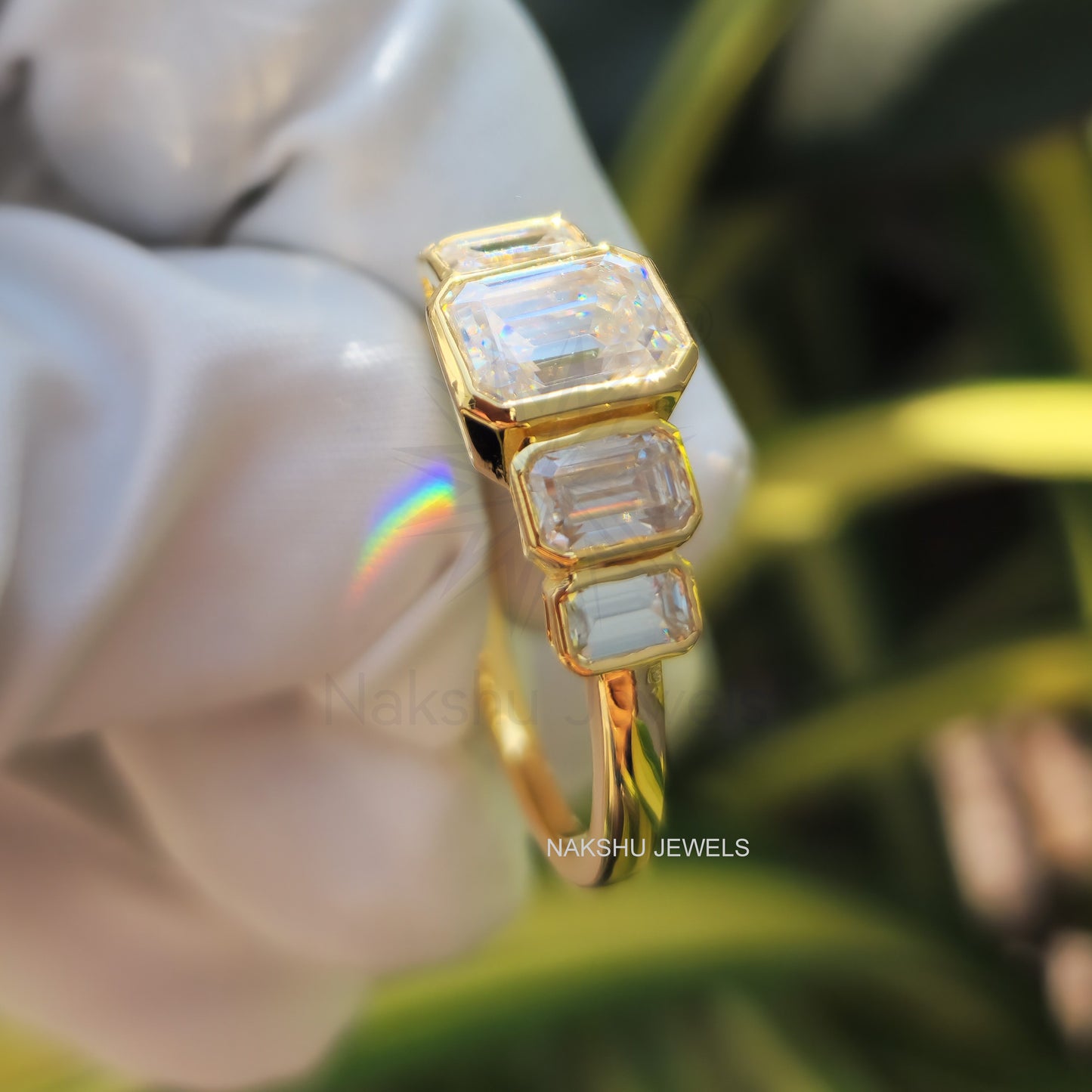 Emerald Cut Moissanite Bezel Set Engagement Ring - 5 Stone Moissanite Ring
