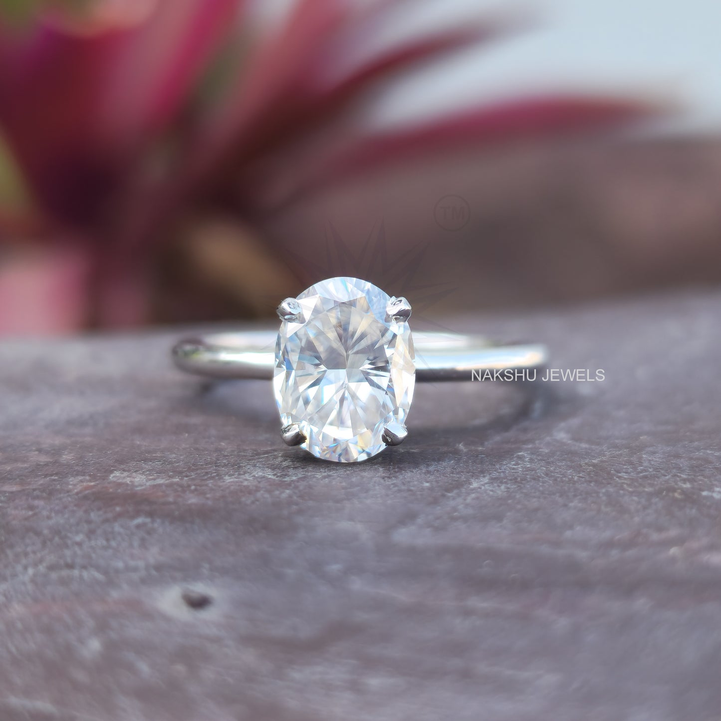 Crushed Ice Oval Cut Colorless Moissanite Hidden Halo Solitaire Engagement Ring