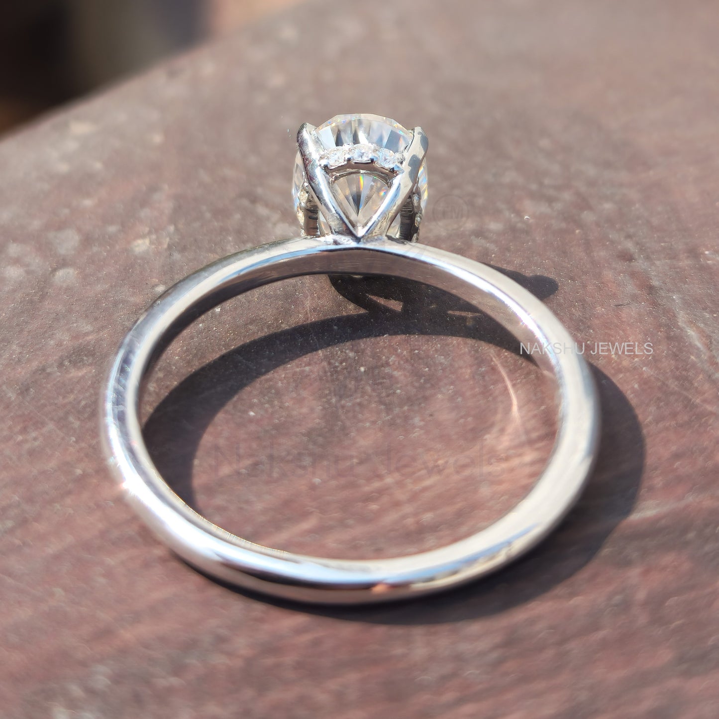 Crushed Ice Oval Cut Colorless Moissanite Hidden Halo Solitaire Engagement Ring