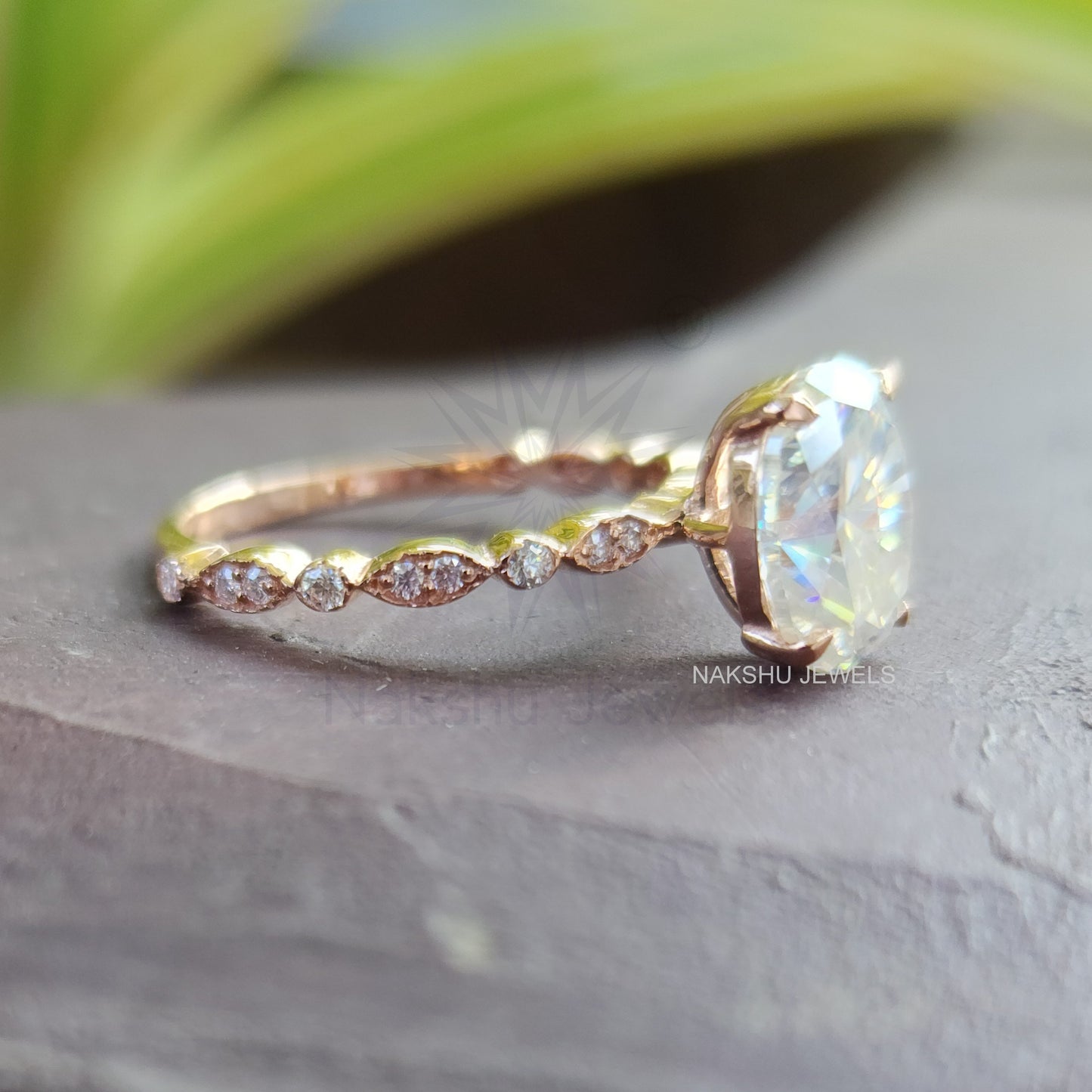 Oval and Tiny Round Moissanite Antique Engagement Ring