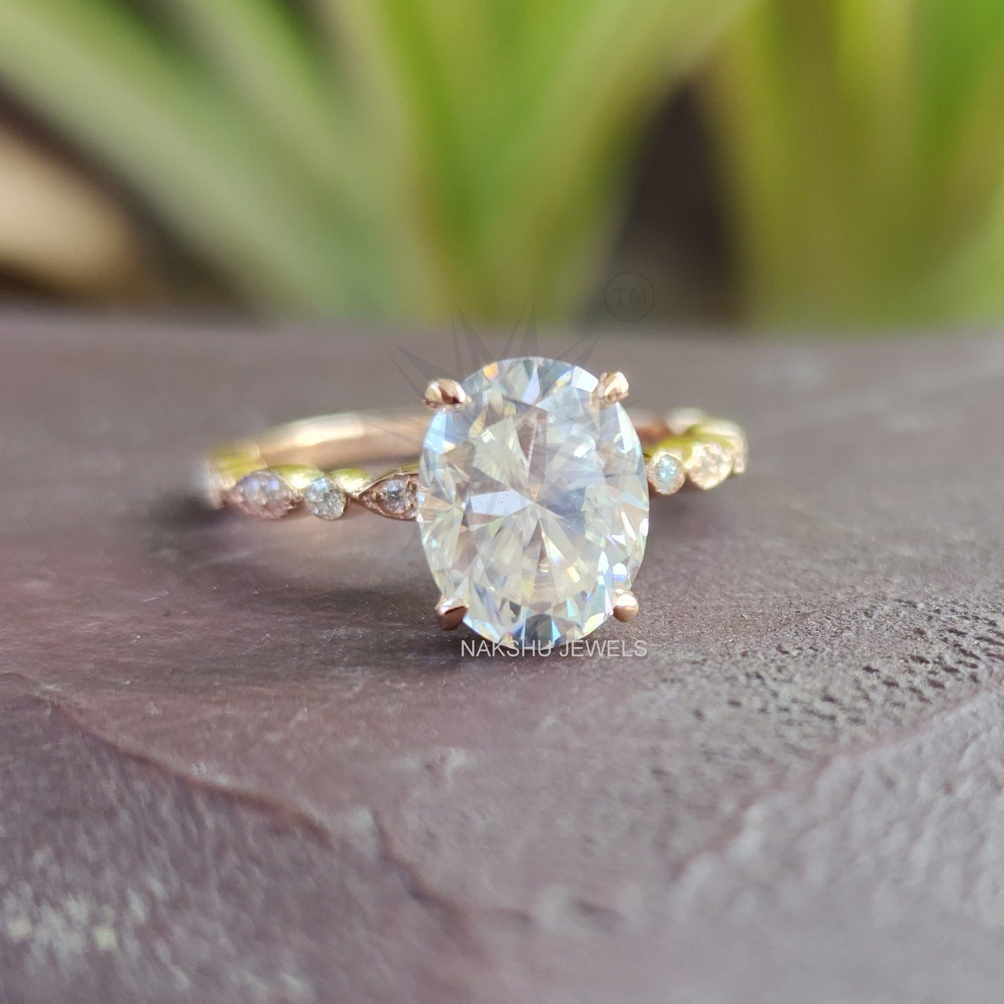 Oval and Tiny Round Moissanite Antique Engagement Ring