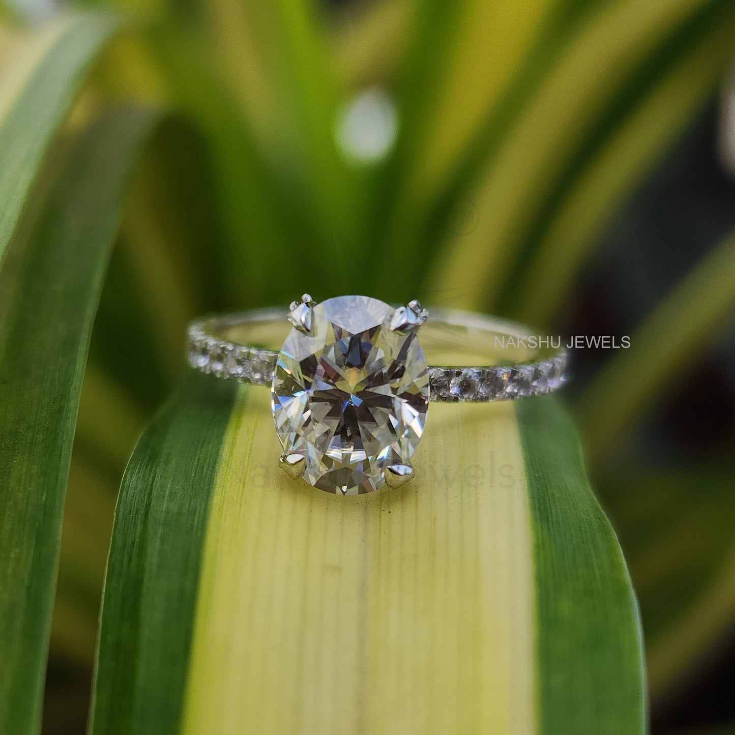 Oval Cut Colorless Moissanite Pave Engagement Ring